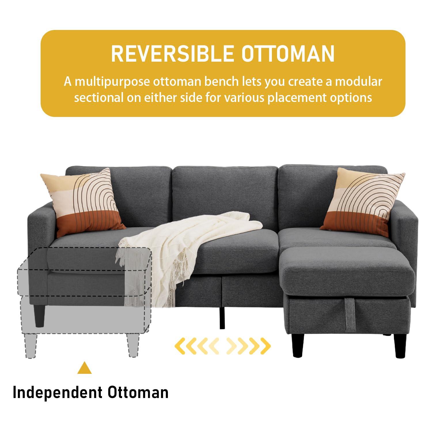 EDWINENE Small Sectional Couch, 3 Seater Small l Shaped Couch with Storage, 74 inch Pet Friendly Sofa for Living Room (Dark Gray) - Image 4