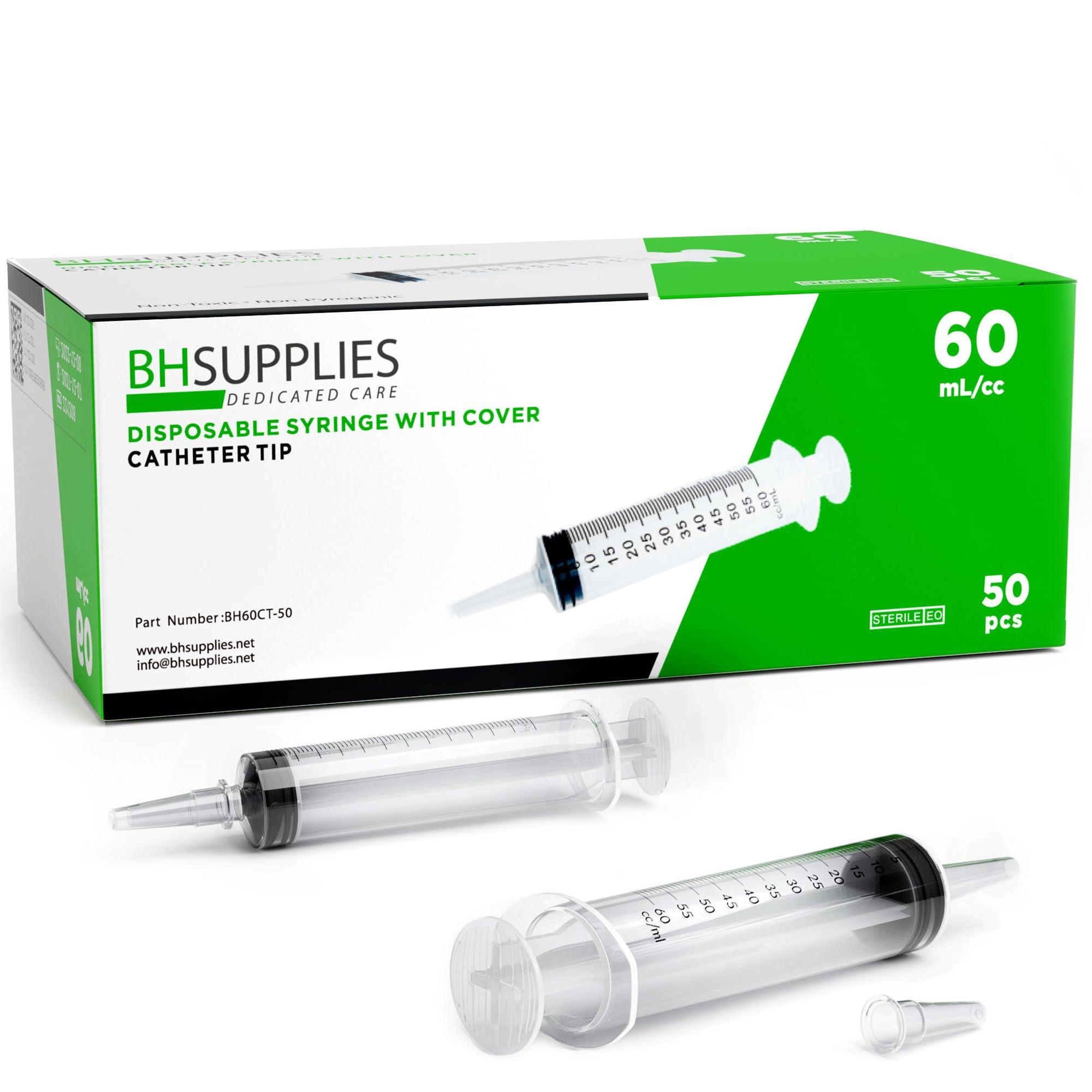 BH Supplies 60mL Syringe Catheter Tip Sterile with Caps - (No Needle) - Sterile, Individually Wrapped - 50 Syringes