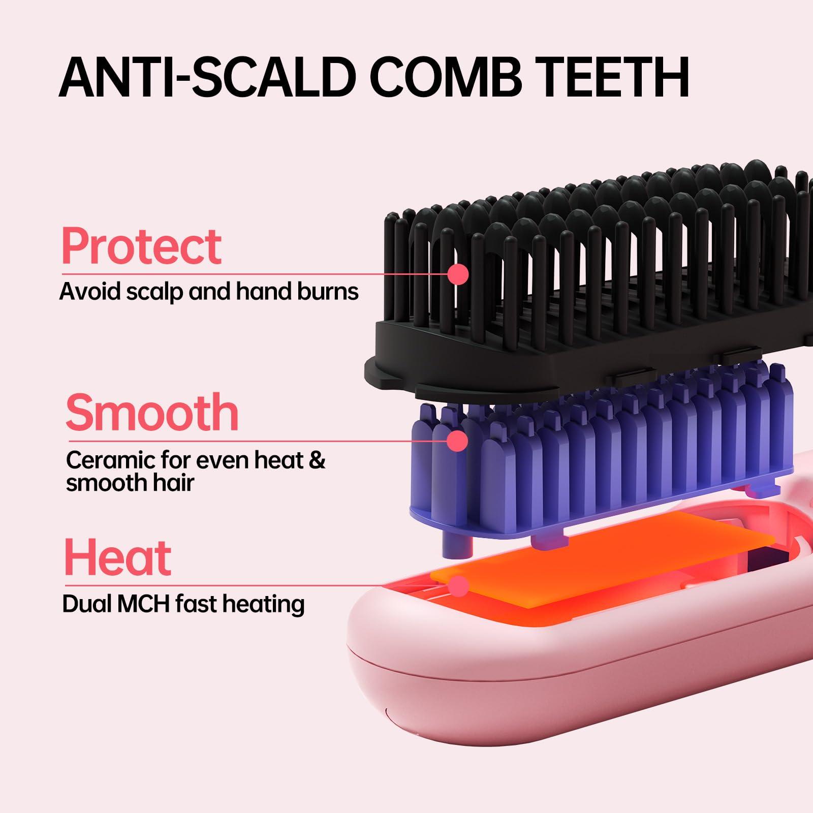 Cordless Hair Straightener Brush - Portable Straightener Brush with 9 Temp Settings, Mini Straightening Comb for Travel, 9600mAh Rechargeable Batt & 224 Million Negative Ions (Pink) - Image 5