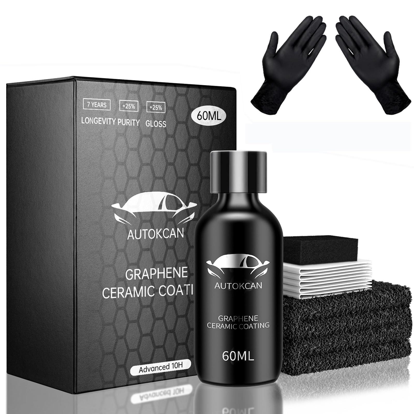 Autokcan Graphene Ceramic Coating(60ML), 10H Ceramic Coating for Cars, High Gloss Anti-Scratch Nano Coat Kit Hydrophbic Mirror Paint Protection 7 Years Prorection