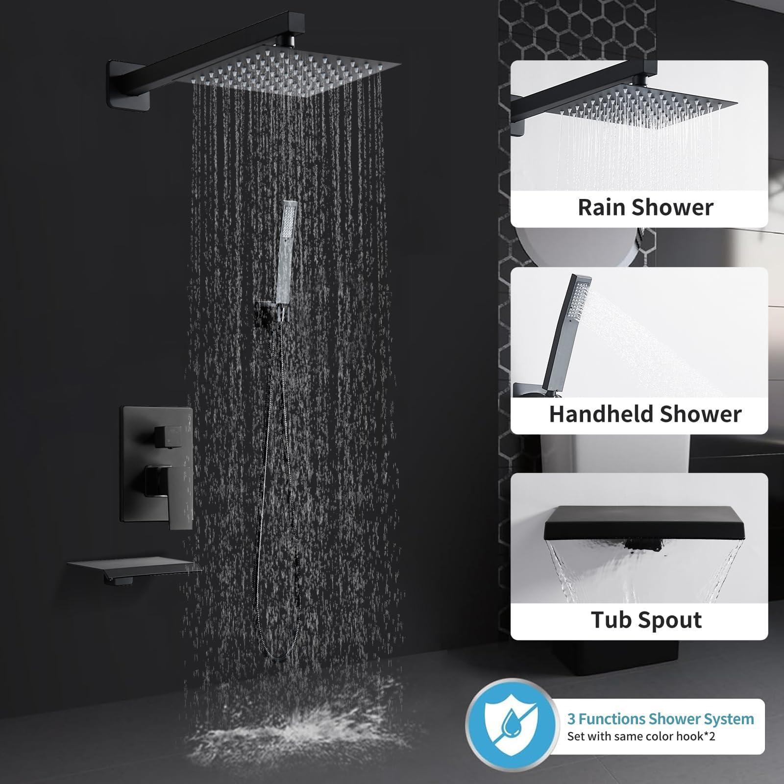 RTTWYYUU Matte Black Shower Faucet Set with Tub Spout 10 Inch, Shower Head and Handle with 2 Hooks, Tub and Shower Faucet Combo, Rain Shower and Handheld Shower System Square Wall Mount for Bathroom - Image 5