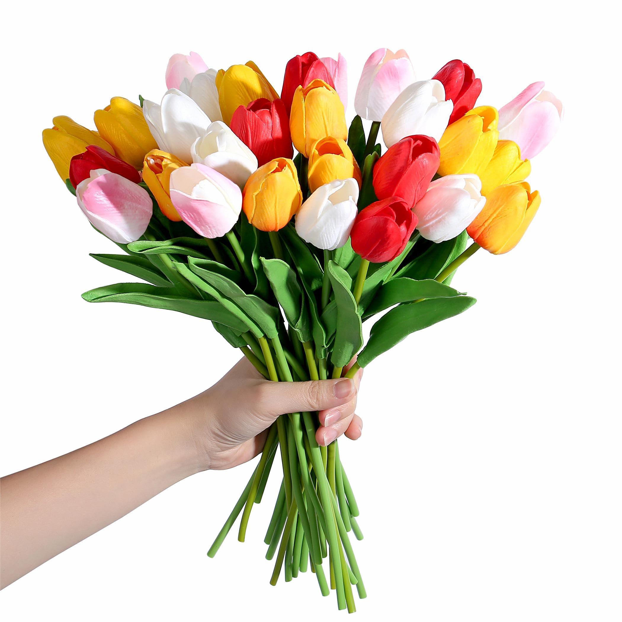 SITUMEIZI Fake Flowers Tulips Artificial Silk Flower 15pcs Real Touch 14" for Spring Easter Home Kitchen Wedding Bouquet Bulk Mother's Gift Day Decorations(Assorted Colors,5) - Image 4