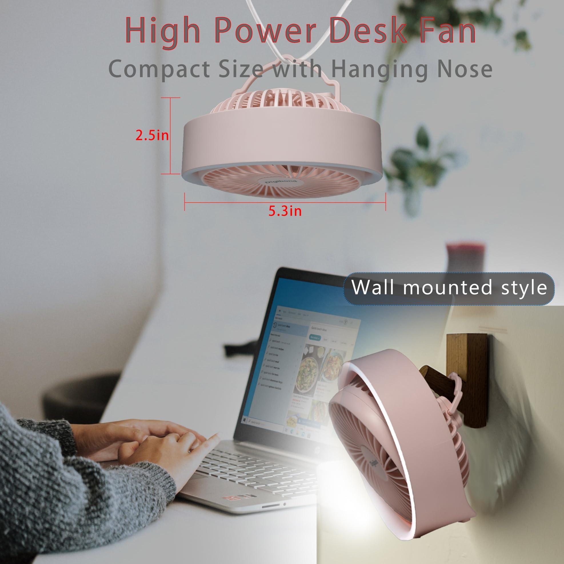 Digibond Pink Desk Fan, Small Quiet with Ambient Light/Hook Portable USB Fan 5.3in High Power 3000mAH Rechargeable Battery Operate 3 Speed 180°Rotated Easy Clean - Image 2