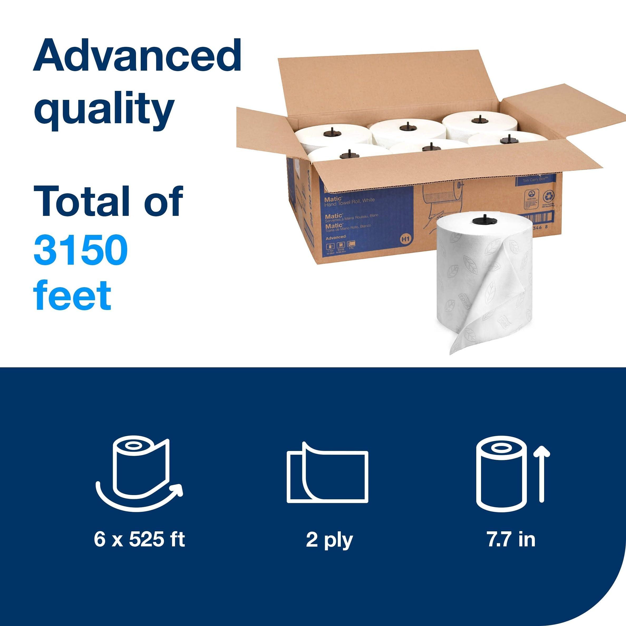 Tork Matic Hand Towel Roll, White With Gray Leaf, Advanced, H1, 100% Recycled Fiber, High Absorbency, Medium Capacity, 2-Ply, 6 Rolls x 525 ft - 290092A - Image 2