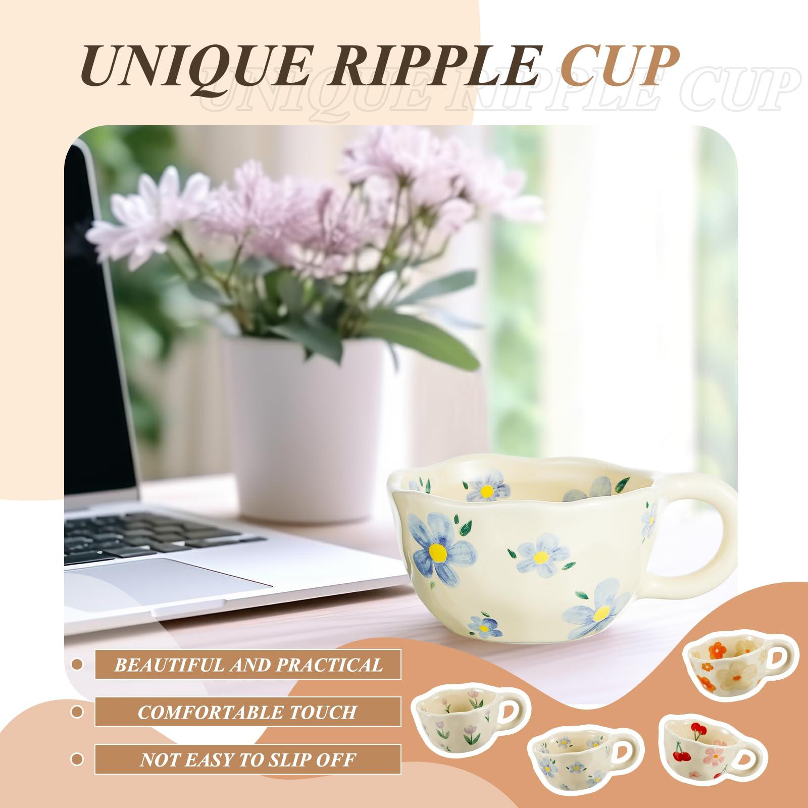 Vesici 4 Styles Cute Ceramic Flower Coffee Mug Set 8. 5 oz Vintage Aesthetic Porcelain Floral Tea Coffee Cup with Handle Dishwasher Microwave Safe for Woman Girls Gifts - Image 6