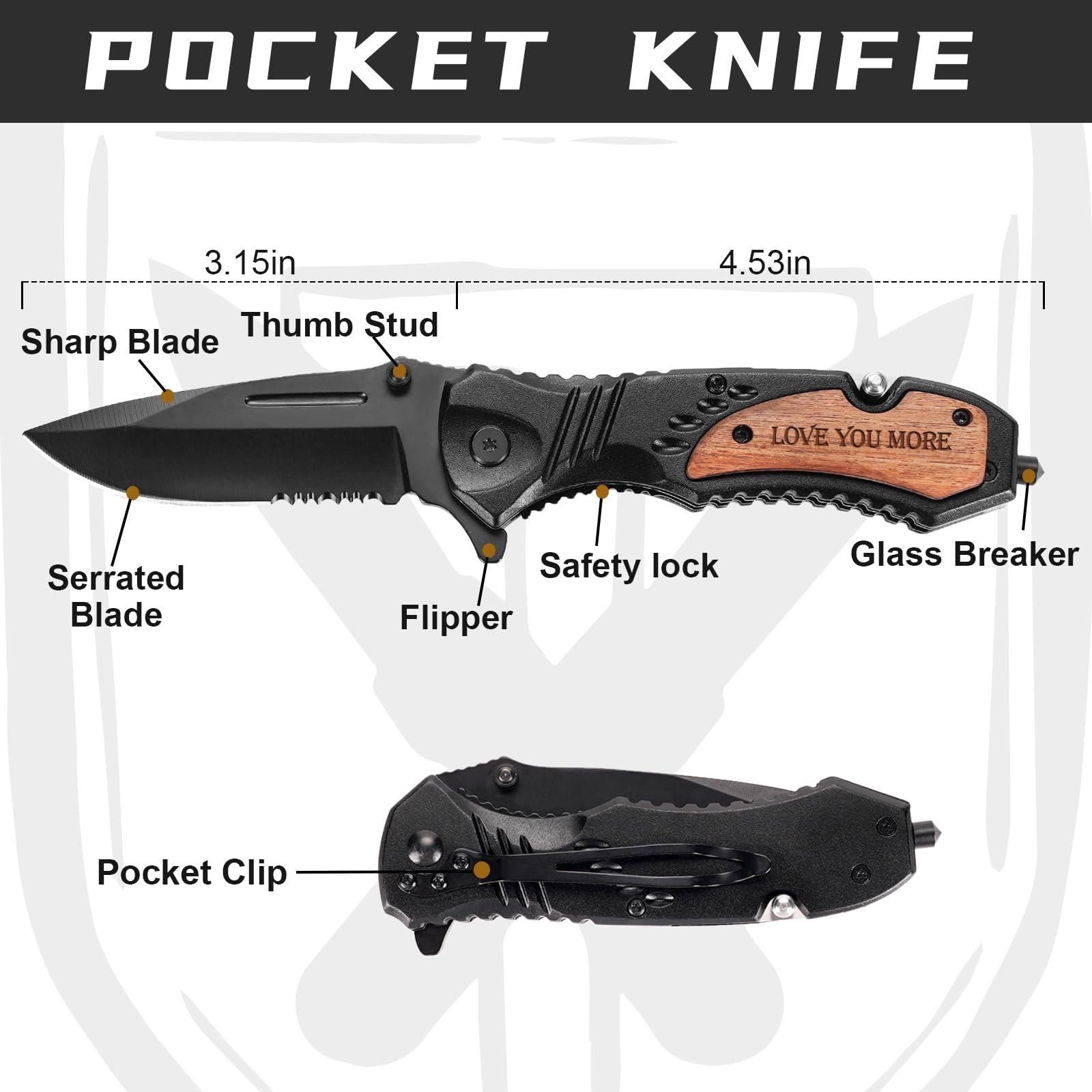 Gifts for Men Him Husband, Anniversary Birthday Gifts ideas for Him, Engraved Pocket Knife, Wooden Handle Folding Knife with Wood Box, Unique Outdoor Camping Hunting Fishing Tool - Image 3