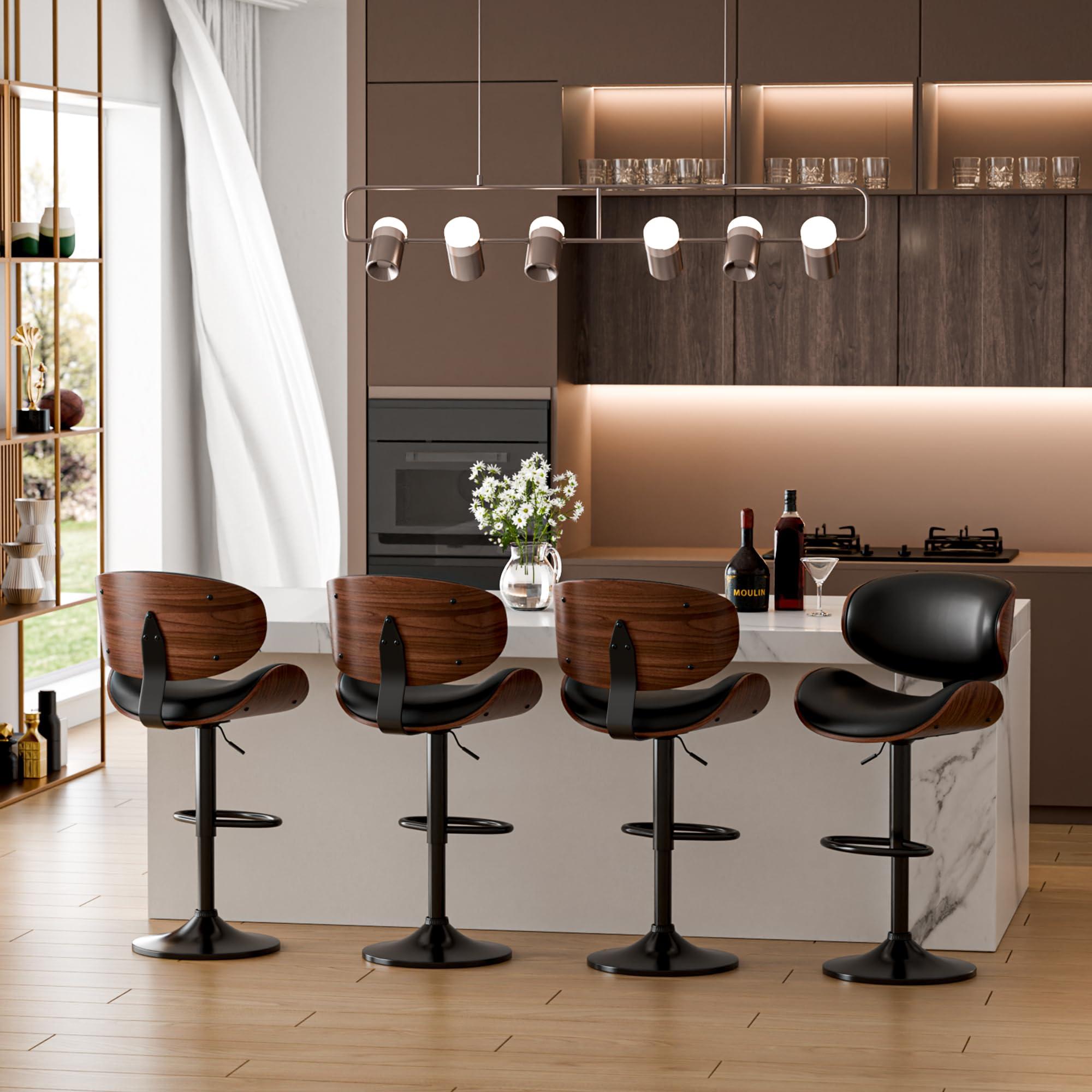 Aowos Bar Stools Set of 2, Adjustable Swivel Leather Bar Stools for Kitchen Island, Mid Century Modern Counter Height Bar Chairs Barstools with Back & Footrest (Black) - Image 8