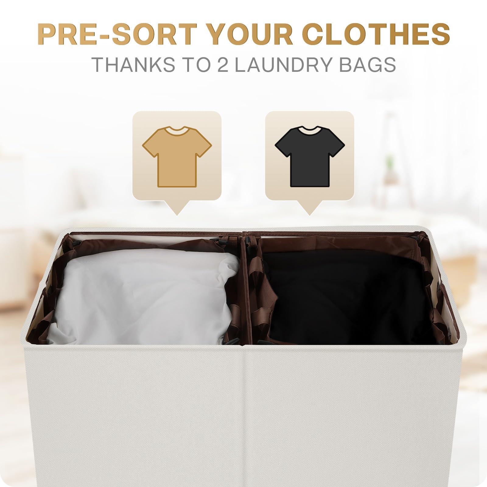SOLEDI Luxury Double Laundry Hamper with Lid and Removable Bags, Large Hamper for Laundry, Laundry Basket 2 Sections, Collapsible Ditry Clothes Hamper for Bedroom, Laundry Room, Bathroom, Off-white - Image 3