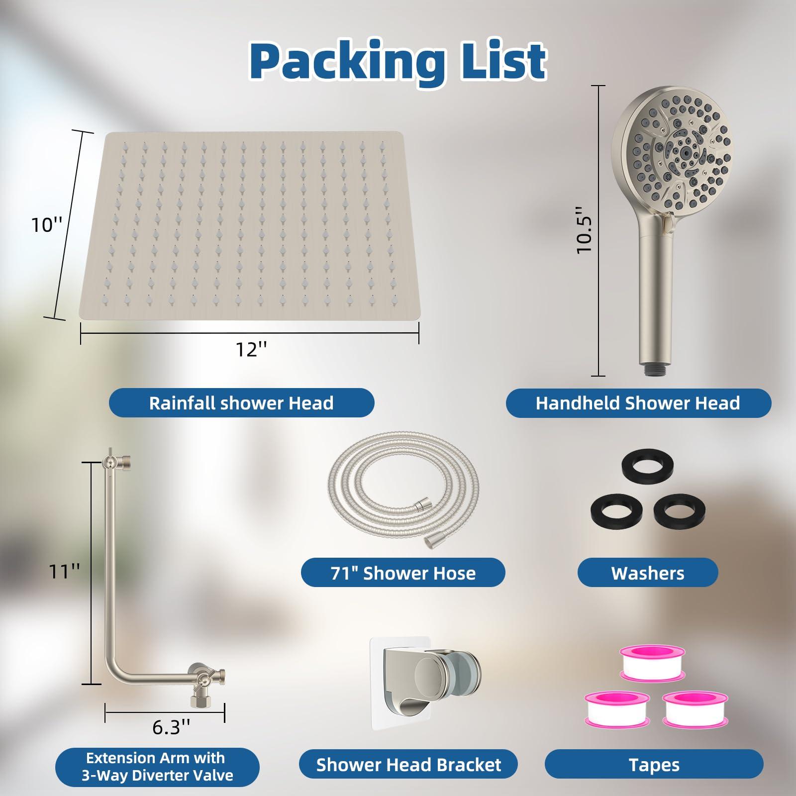 Hygie Rinse 12" All Metal Shower Head, High Pressure 10-Spray Handheld Showerhead Rainfall Shower Head Combo with 11" Adjustable Shower Extension Arm, 71" Hose, Shower Head Holder, Brushed Nickel - Image 2