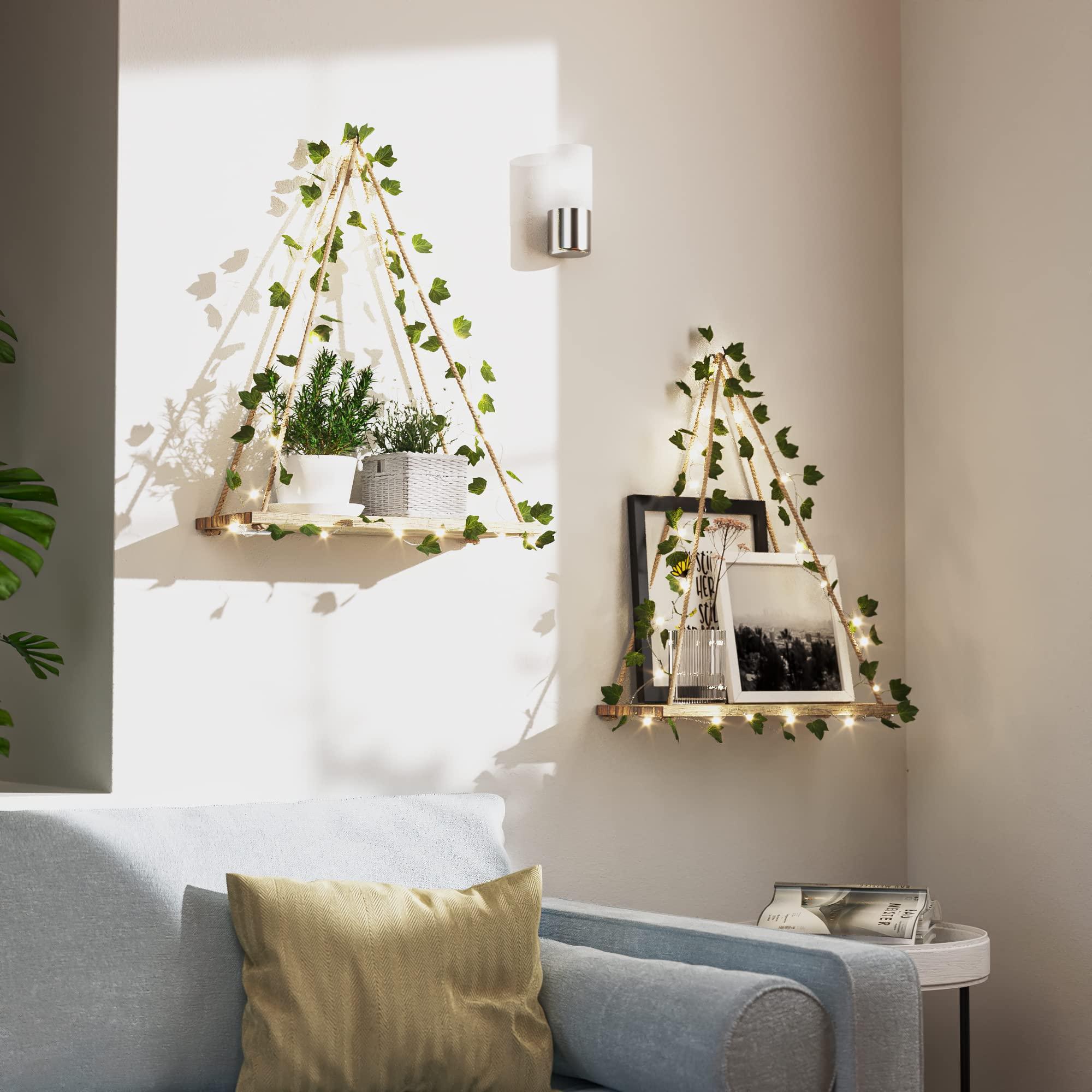 RICHER HOUSE Artificial Ivy LED-Strip Wall Hanging Shelves Set of 2, Macrame Shelf for Bedroom Bathroom Living Room Kitchen, Wood Hanging Plant Shelves for Wall Décor - Image 3