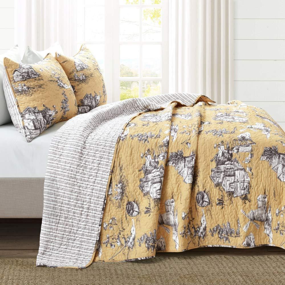 Lush Decor French Country Toile Cotton Reversible 3 Piece Quilt Set, Yellow & Gray, King - Image 2