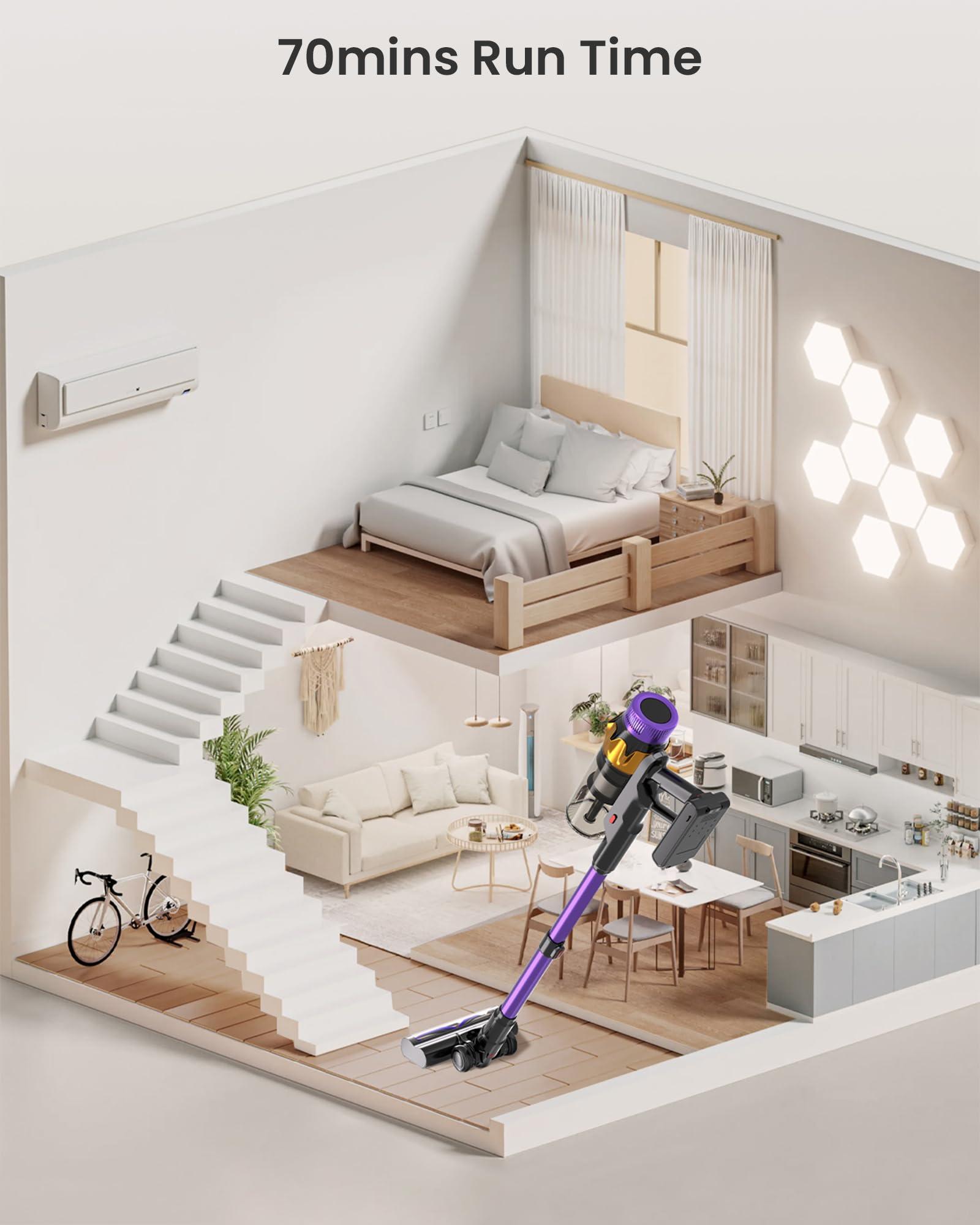 Cordless Vacuum Cleaner, 550W 45KPA 70 Mins Vacuum Cleaners for Home, Self-Standing Cordless Vacuum with Charging Dock Station, LED Display, Upgraded Anti-Tangle Stick Vacuum for Pet Hair/Carpet/Floor - Image 3