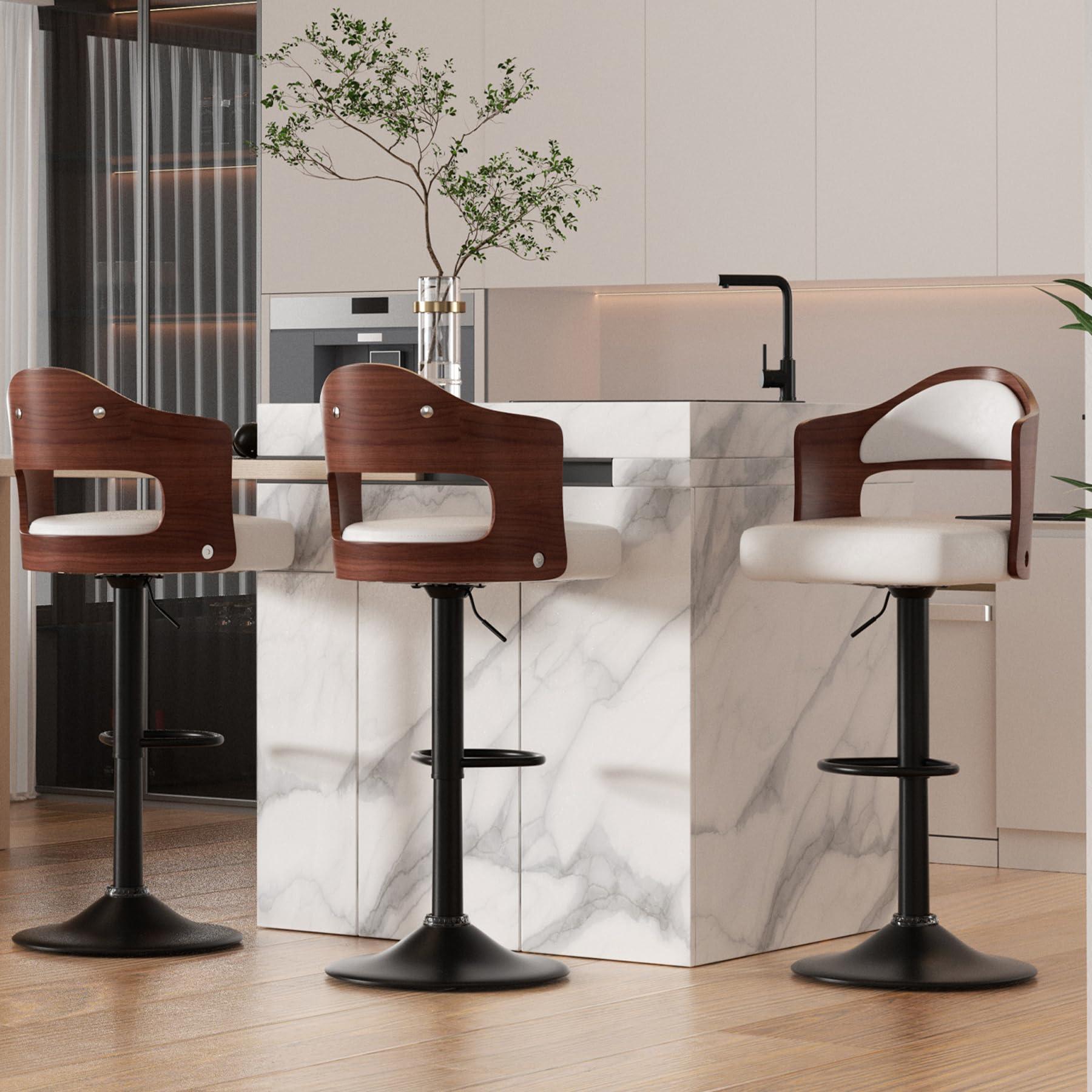 Nalupatio Swivel Bar Stools Set of 3 Seat Adjustable Height 24.5-33.5IN, Wooden Barstools PU Leather Upholstered Bar Chairs with Back & Footrest for Bar Kitchen Dining Room