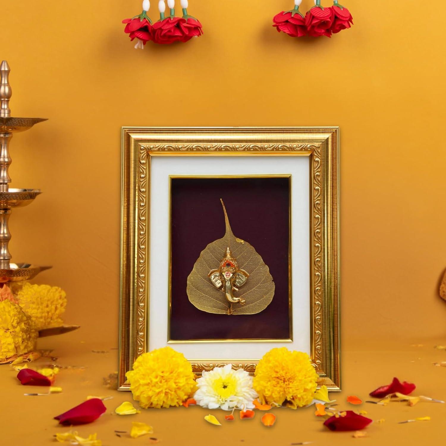 ZAARIYA Golden Ganesha Gold Leaf - God Gold Plated Decorative Photo Frame | for Gifting, Home Decor, Table Decor and Temple or Pooja Room Decoration (9.5 x 8 Inches)