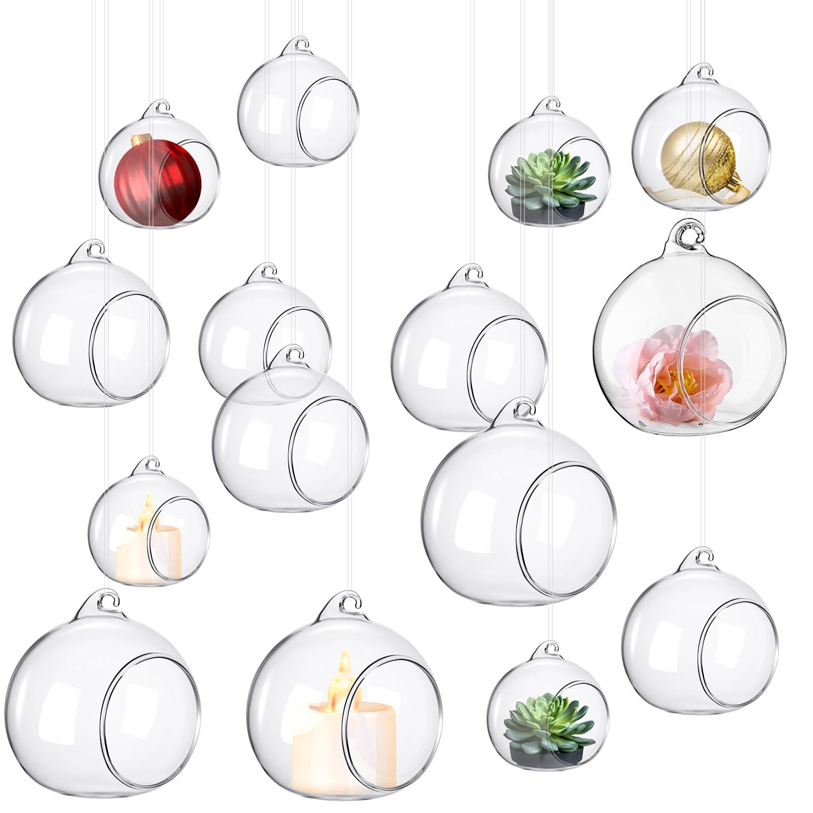 GlikCeil 24 Pcs 5.3'' 3.9'' 3.15'' Hanging Glass Tealights Candle Holder Large Globes Fillable Plant Clear Terrarium Orbs Air Plants Holder with Fishing Line Wedding Centerpiece Party Tree Decor