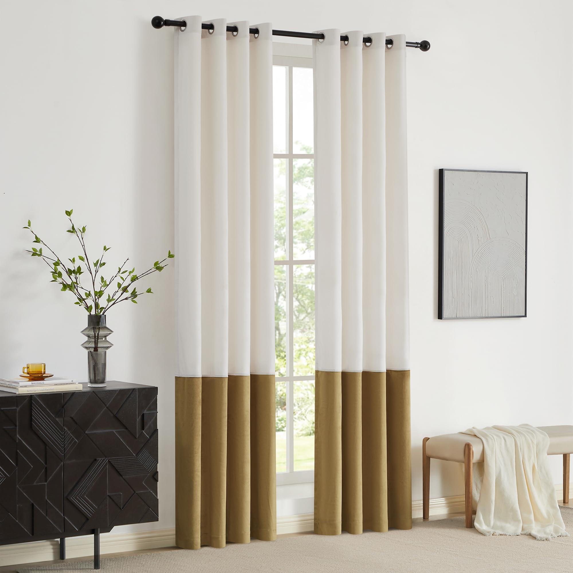 BULBUL Color Block Window Curtains Panels 84 inches Long Cream Ivory Gold Velvet Farmhouse Drapes for Bedroom Living Room Darkening Treatment with Grommet Set of 2 - Image 8