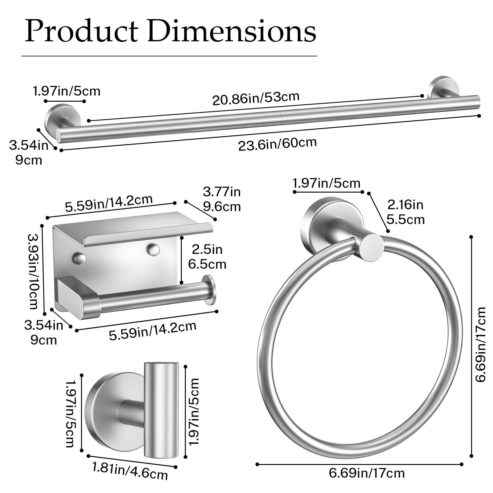 5-Piece Brushed Nickel Towel Bar Set Bathroom Hardware Set Includes Multi-Purpose Toilet Paper Holder 23.6in Towel Bar Towel Ring Towel Hooks Stainless Steel Wall-Mounted Bathroom Accessories - Image 3