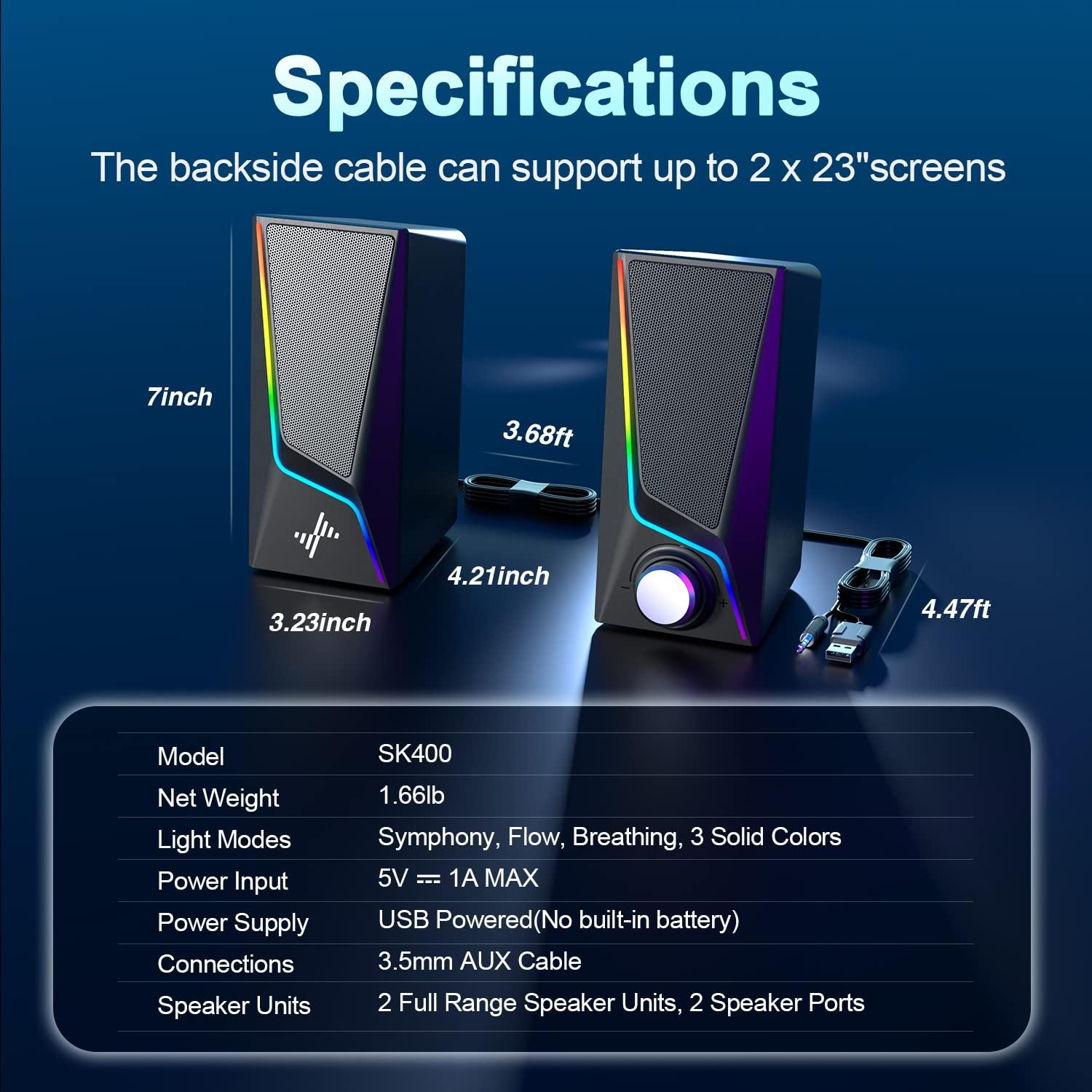 Computer Speakers, PC Speakers with 6 Lighting Modes, USB Powered Computer Speakers for Desktop Monitor with 2 Bass-Boost Ports, 2 Speaker Units, and 3.5mm Aux-in Cable for PC, Laptop, Tablet, Phone - Image 6