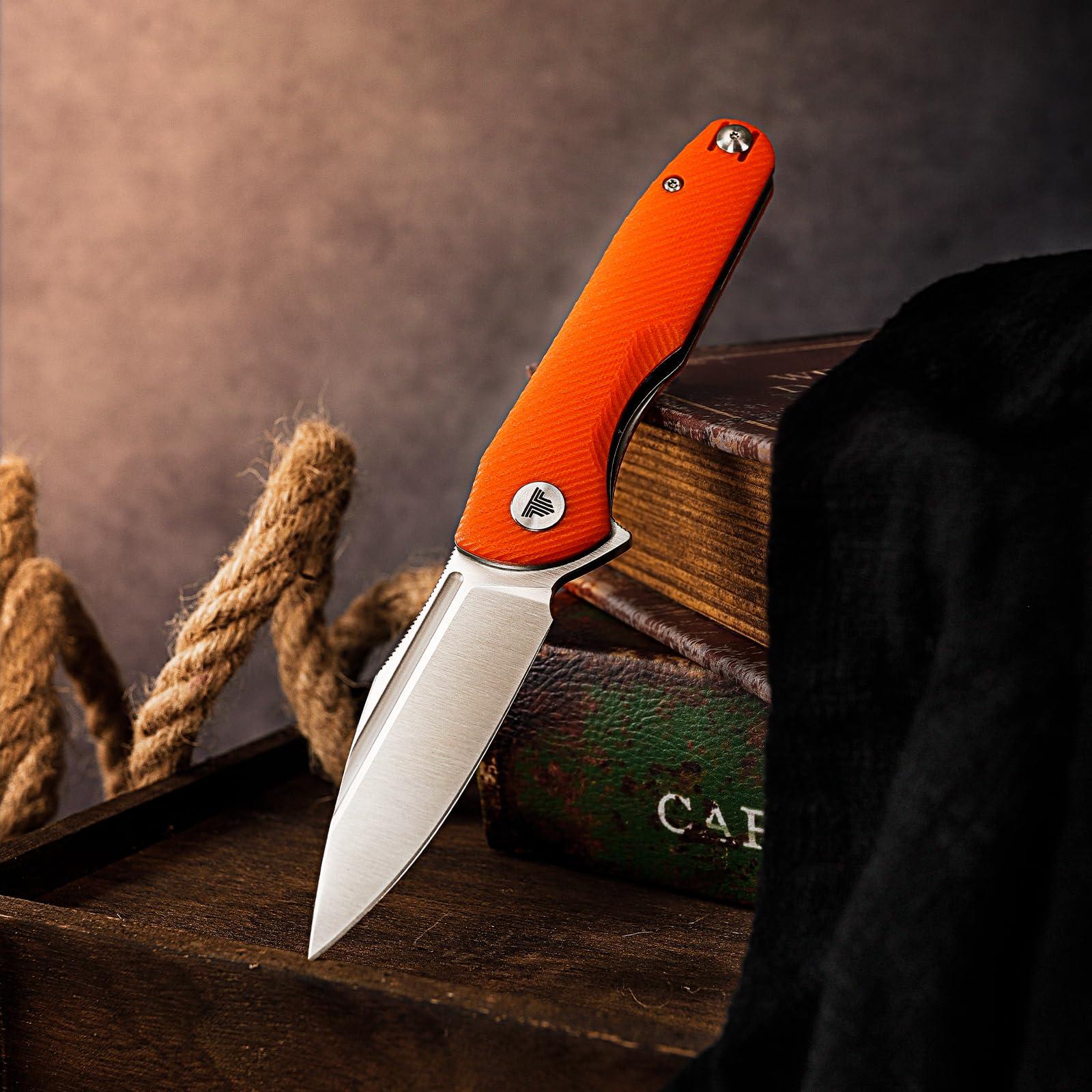 TRIVISA Knives，Folding EDC Knife for Men，Pocke Flipper Knife with Clip，3.26" 14C28N Steel Blade（Satin），G10 Scales for Outdoor Camping Tool - Antliae-03OG - Image 2