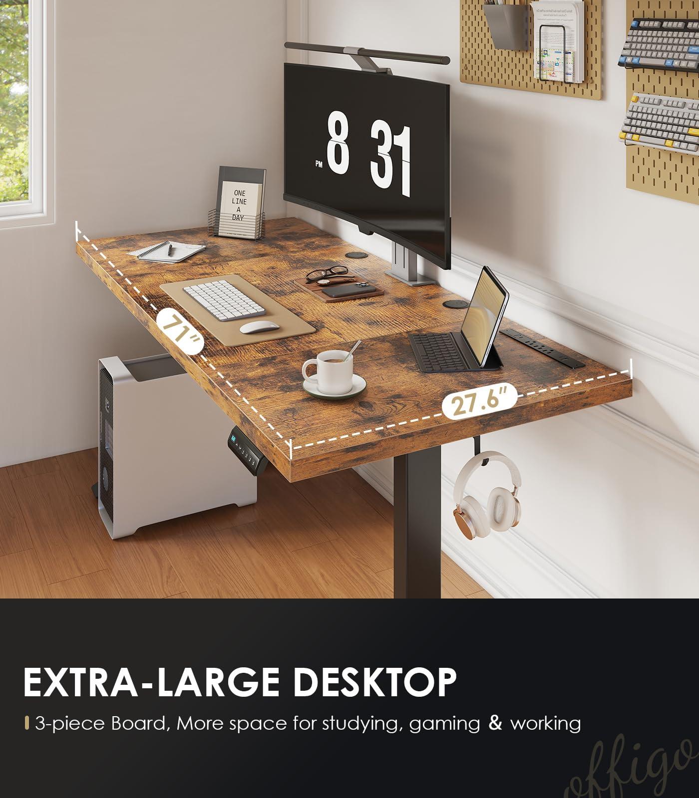 OffiGo Electric Standing Desk with 3-Piece Board, 71 Inch Height Adjustable Large Desk with Power Outlets, Sit Stand Table, Writing Computer Desk for Home, Office, Workstation, Rustic Brown - Image 5