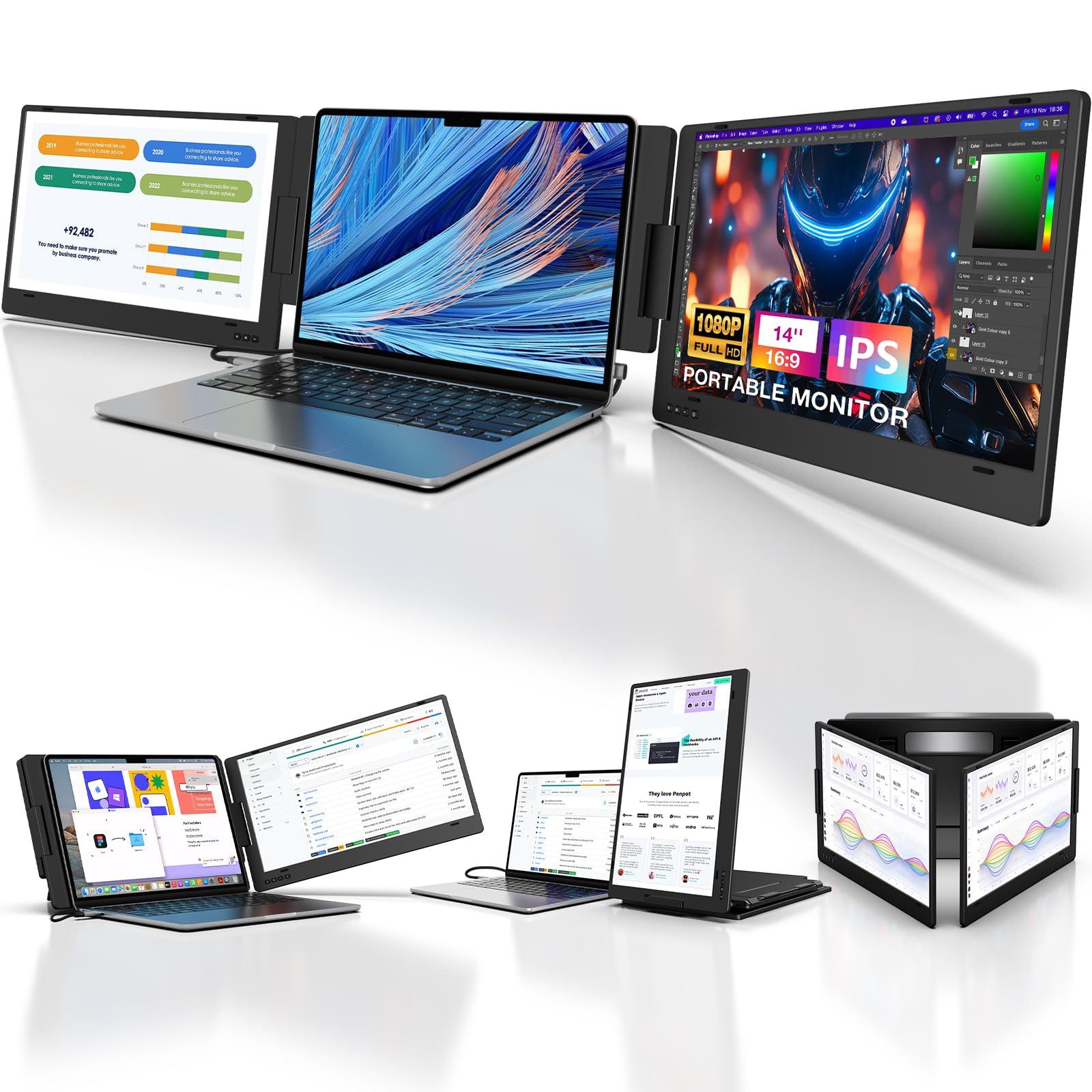 KYY Portable Monitor for Laptop, 14'' FHD 1080P USB-C Triple Laptop Screen Extender, Travel Monitor for Computer, Dual Screen for 12"-16" Laptop, X90A (Mac, Wins, Android)