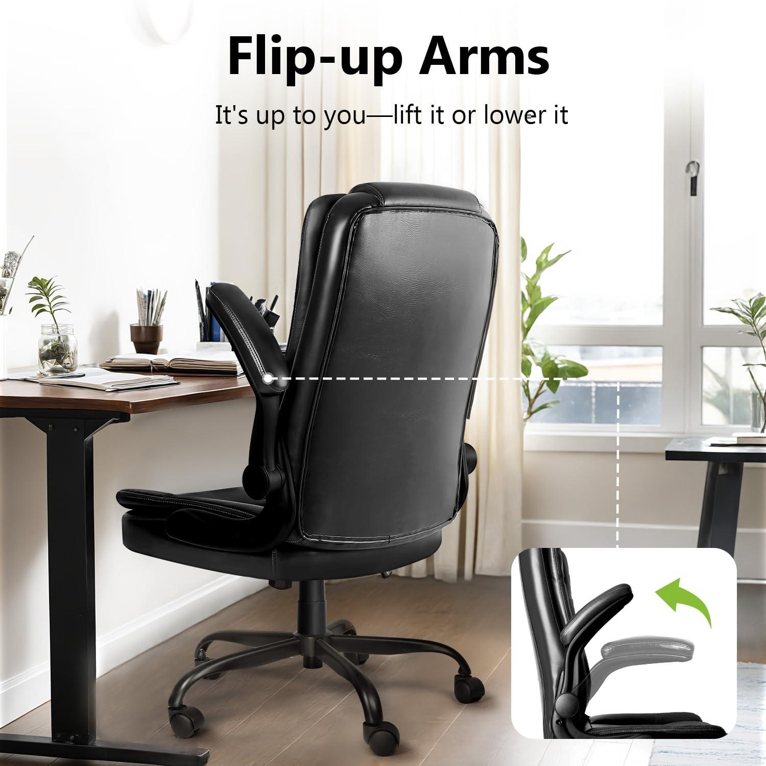 Leather Office Chair - Ergonomic Computer Desk Chair, High Back Executive Office Chair with Lumbar Support, Comfortable Leather Home Office Desk Chairs with Padded Flip-up Armrest, Black - Image 4