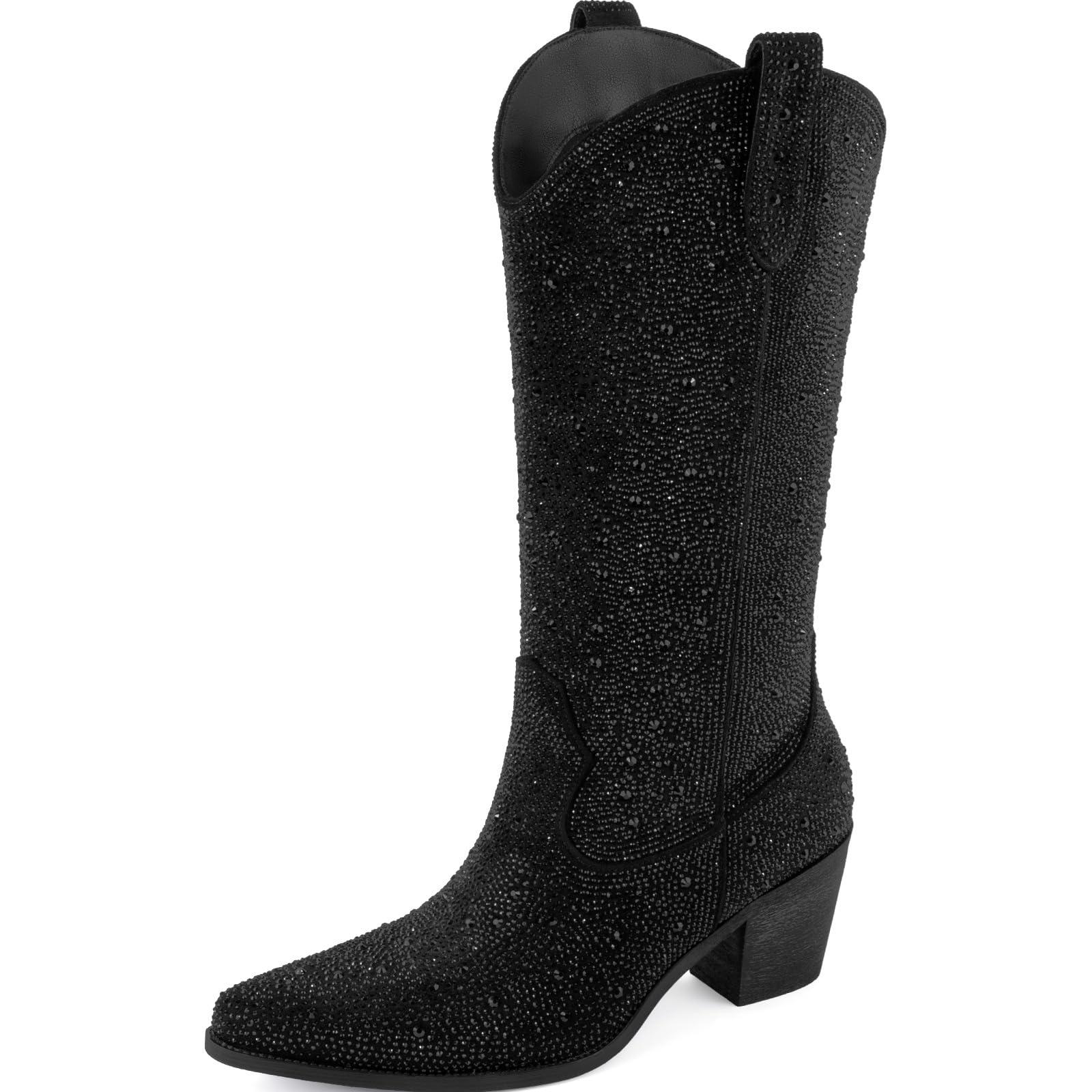 MISSMILLER Women’s Rhinestone Cowboy Boots Mid Calf Pointed Toe Sparkly Block Heel Cowgirl Boots with Pull On Tabs