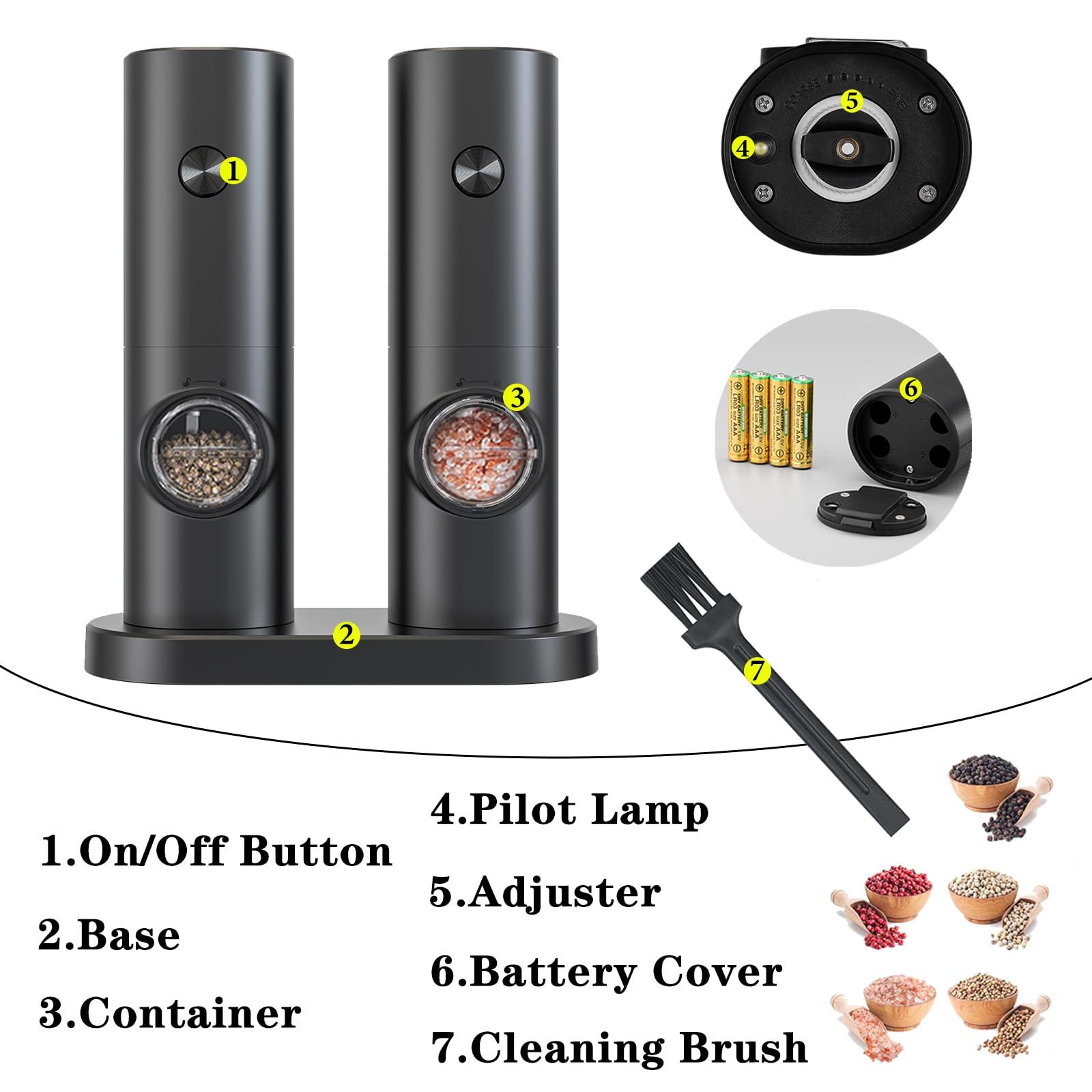 KIEKRO Electric Salt and Pepper Grinder Set (Storage Base), Battery Powered with LED Light, Adjustable Coarseness, One-hand One-button Start, ABS material, A Good Helper in the Kitchen, Black - Image 3