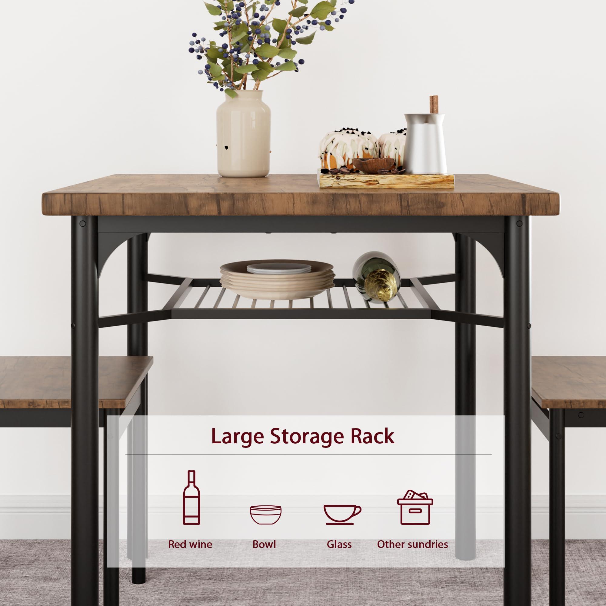 GAOMON Dining Table Set for 2, Kitchen Table and Chairs for 2 with Wine Rack, Dining Room Table Set with 2 Wood and Metal Chairs, Square Kitchen Table Set for Small Space, Apartment, Rustic Brown - Image 4