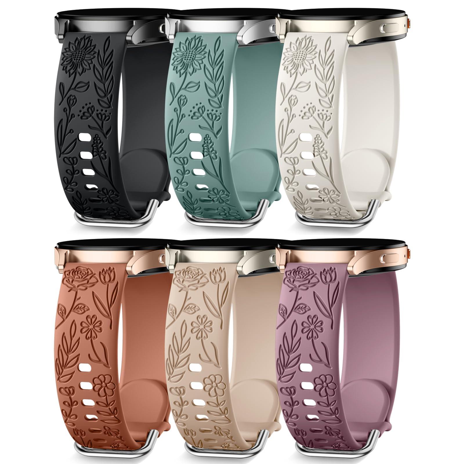 SNBLK 6 Pack Floral Engraved Bands Compatible with Samsung Galaxy Watch 7 Band 6 5 4 Active 2 FE 40mm 44mm/Watch 6/4 Classic/5 Pro/3, 20mm Cute Flower Silicone Sport Strap for Samsung Watch Bands Women