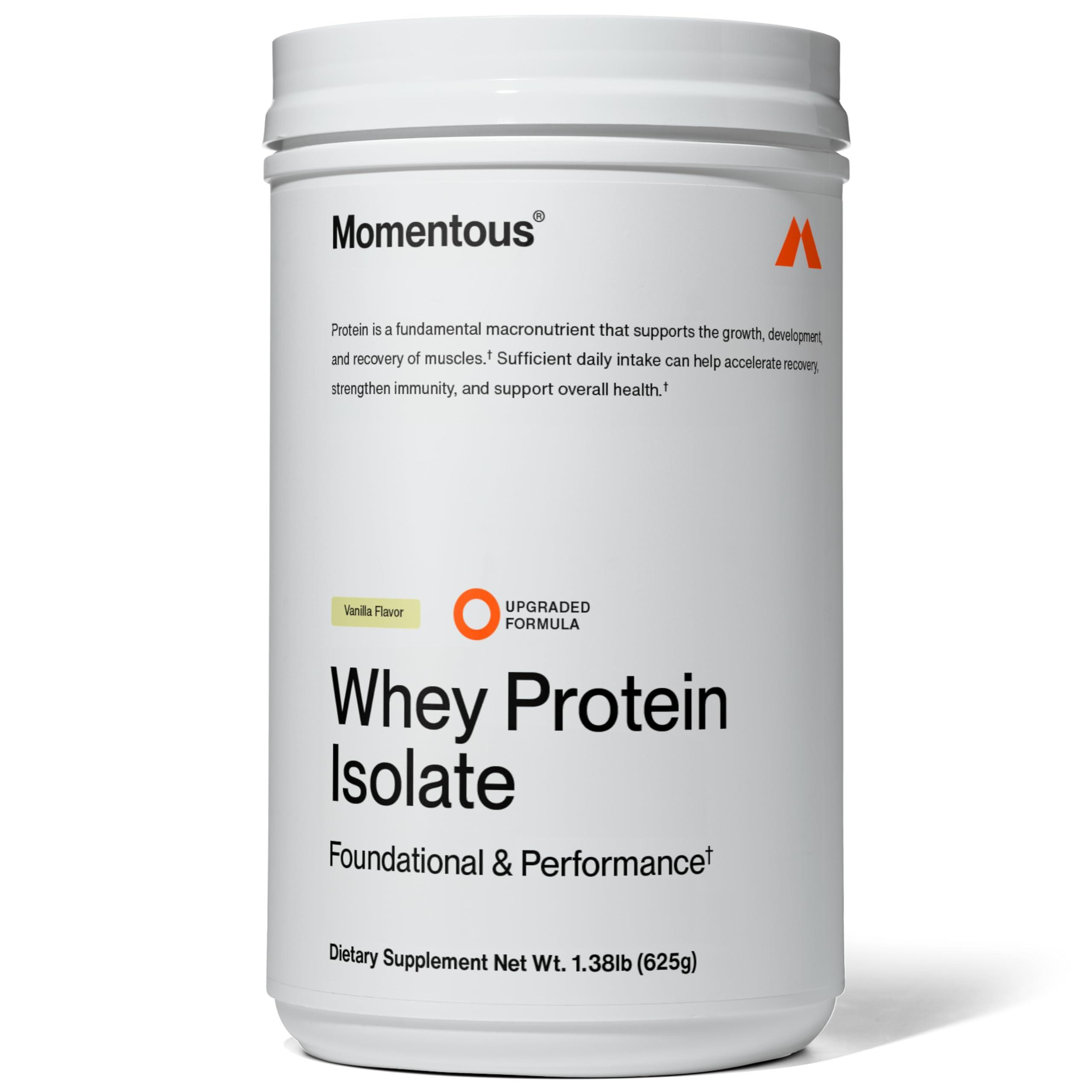 Momentous Essential Grass-Fed Whey Protein Powder - 20g Whey Isolate Protein - NSF Certified, Gluten-Free, 24 Servings for Essential Everyday Use, Vanilla (Package May Vary)