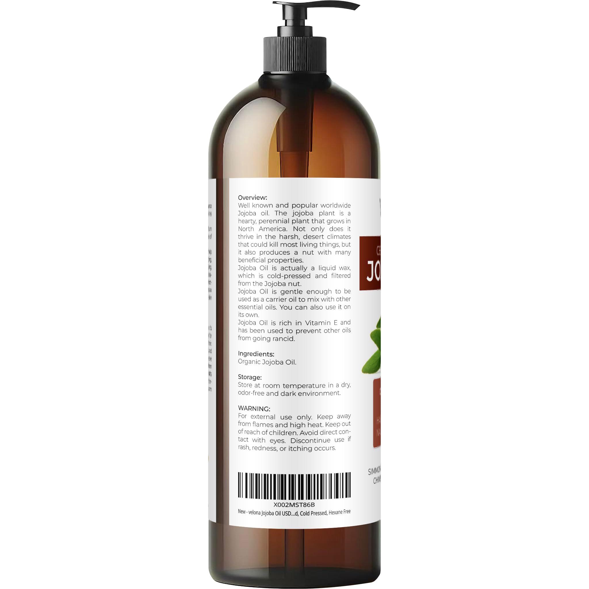velona Jojoba Oil USDA Certified Organic - 32 Fl Oz (With Pump) | 100% Pure and Natural Carrier Oil| Golden, Unrefined, Cold Pressed, Hexane Free - Image 6