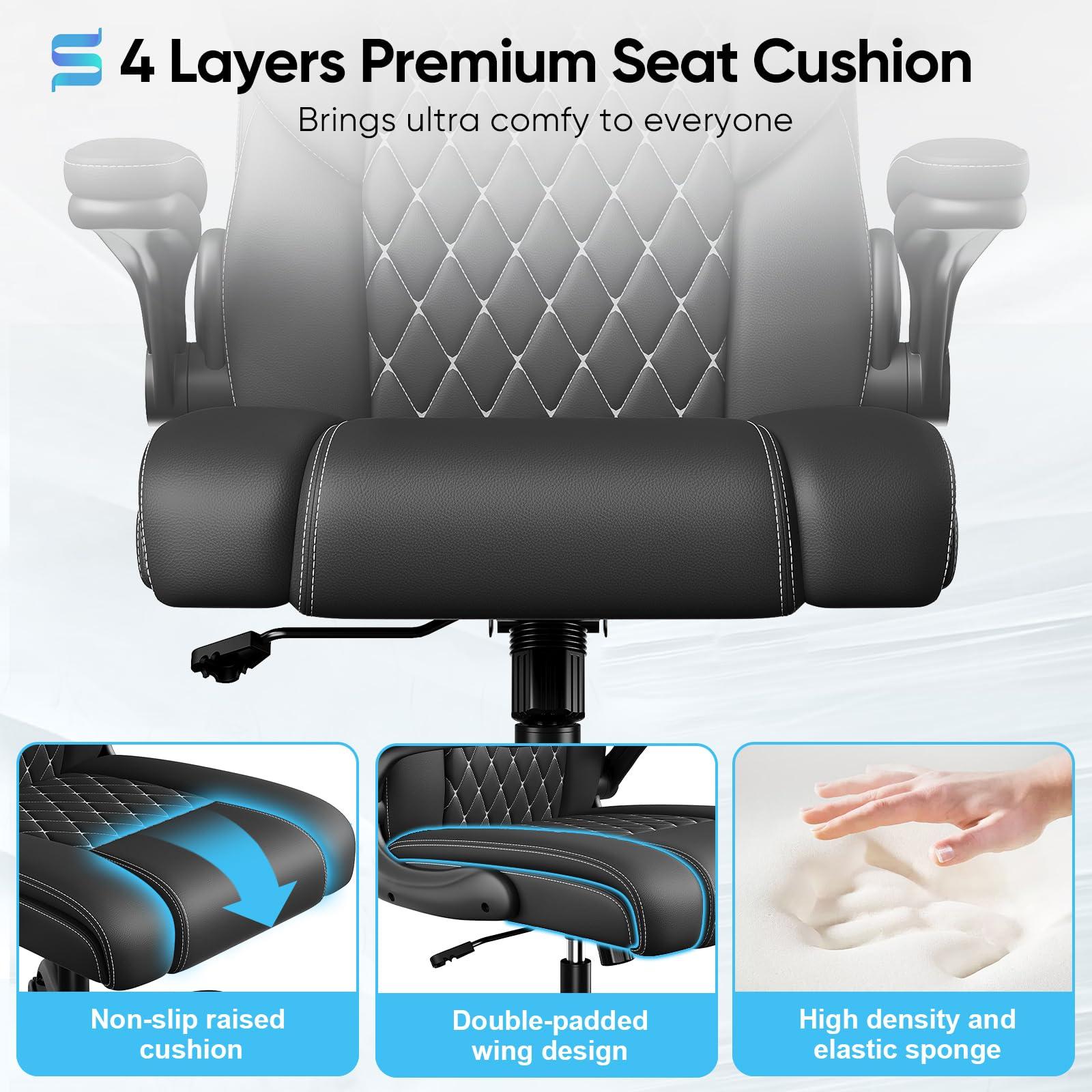 Sytas Executive Leather Office Chair, Comfy Desk Chair with Adjustable Headrest & Flip-up Padded Arms & Lumbar Support, Adjustable Hight and Tilt, Rolling Swivel Chair, Black - Image 4