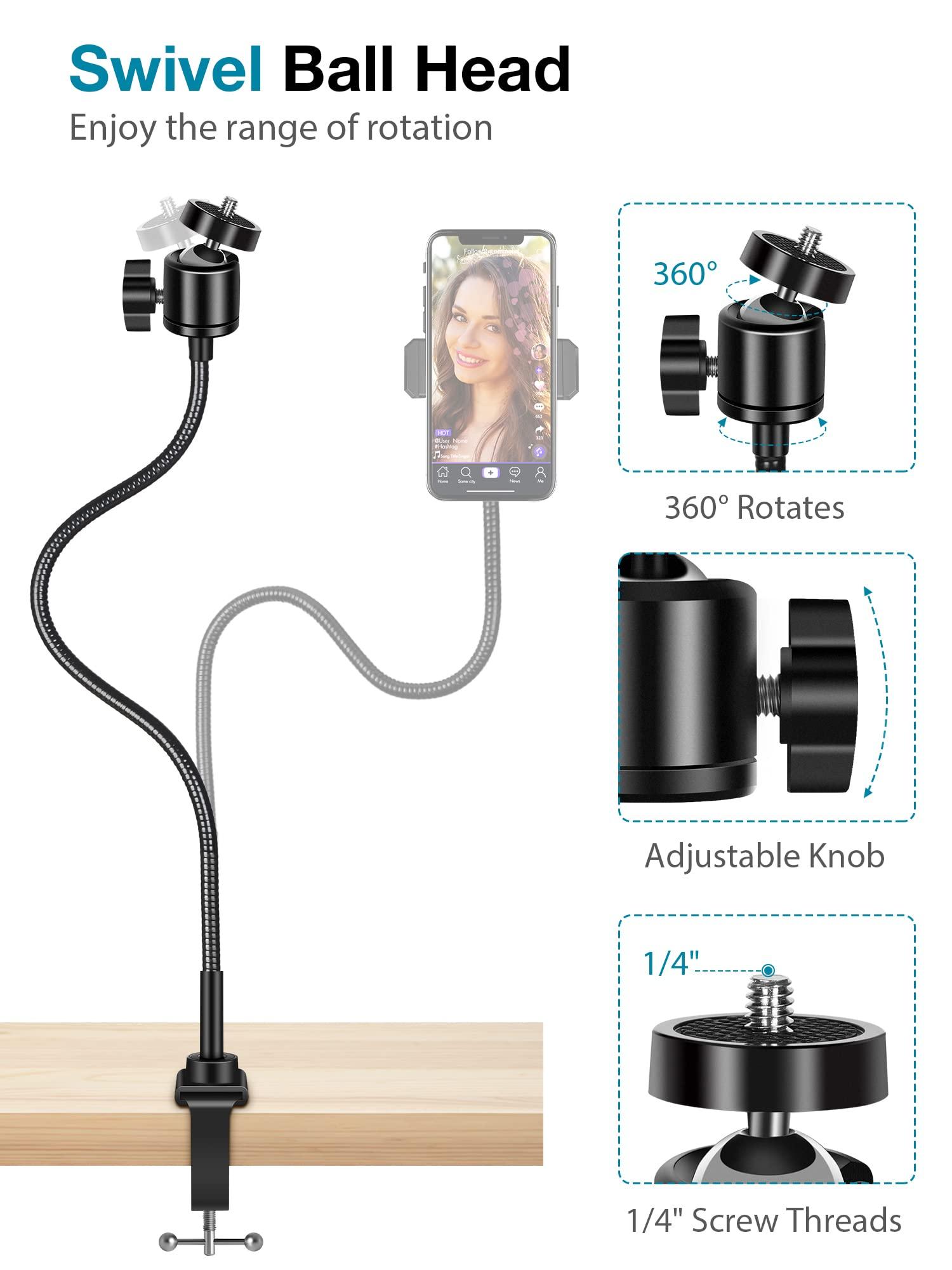 InnoGear Webcam Stand with Phone Mount, Desk Camera Arm Stands Gooseneck for Logitech Webcam BRIO 4K C960 C920 C920S C922 C922x C925e C930 C930e C615 NexiGo N60, Right Light, Gopro with 1/4" Thread - Image 5