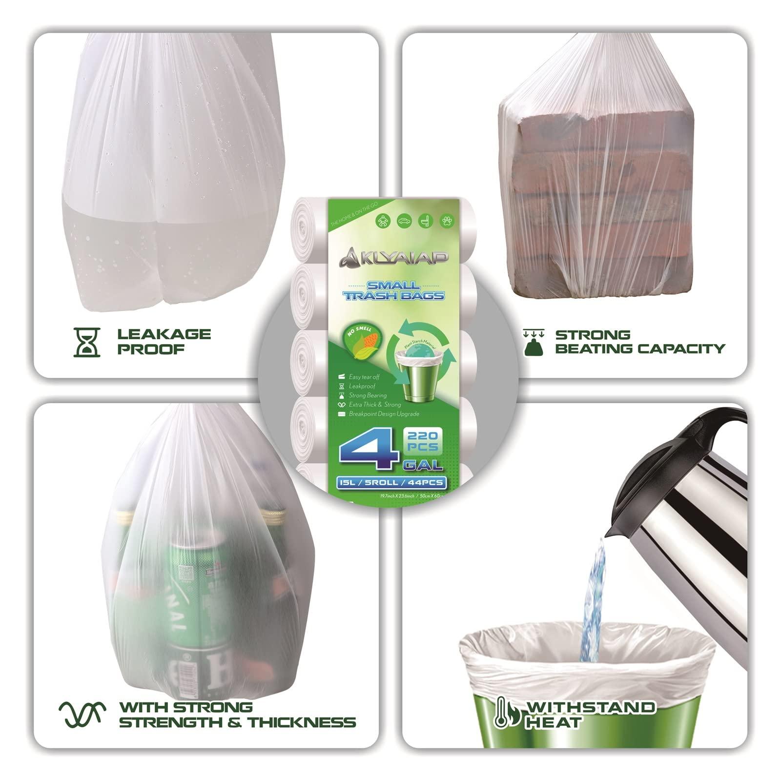 220 Counts Aklyaiap 4 Gallon Trash Bag,Tear & Leak Resistant Bathroom Biodegradable Small Garbage Can Bags Unscented for Home & Kitchen, 5Rolls, White - Image 3