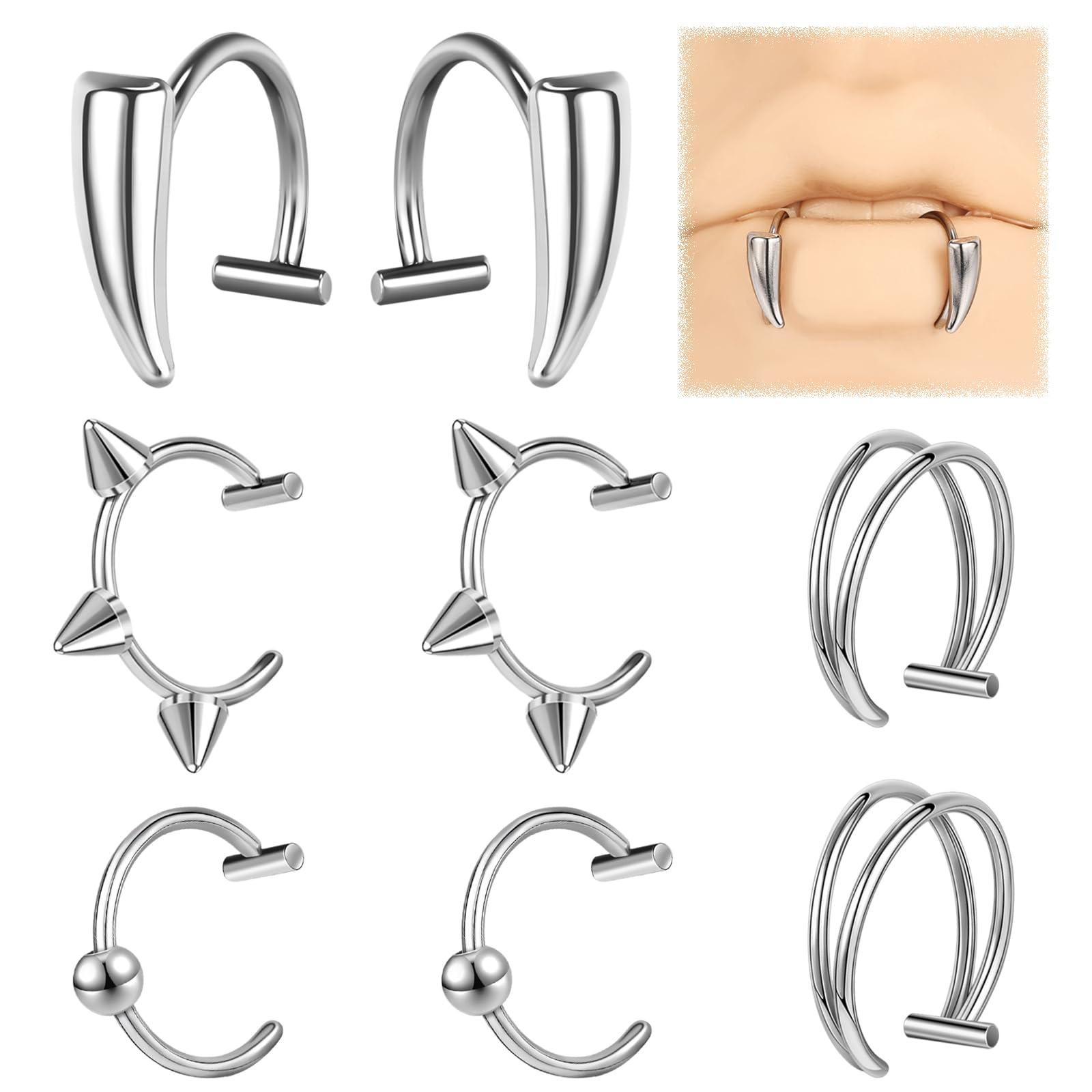 ZS Stainless Steel Fake Lip Ring Vampire Teeth Ring, Adjustable Fake Lip Piercing Non-Piercing Lip Cuff Ear Cuff Earrings Fake Septum Nose Piercing Jewelry For Women Men