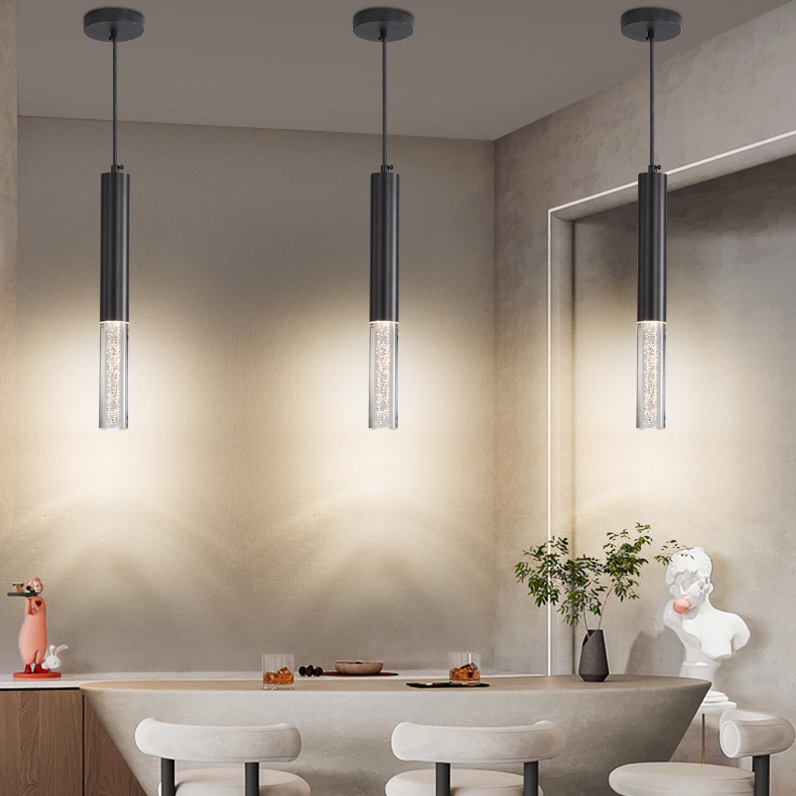 Daoseolo 3 Pack Pendant Lights Kitchen Island, LED Bubble Acrylic Island Lighting Fixtures, 3 Color 3000K/4500K/6500K, Modern Cylinder Ceiling Hanging Light for Bedroom, Bar, Dining Room, Bathroom - Image 2