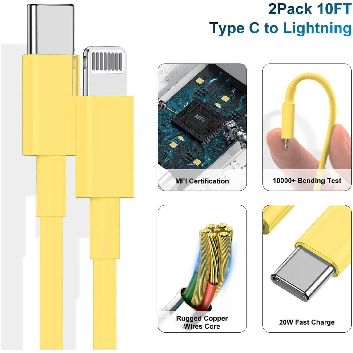 Phone Charger Fast Charging 10 FT, Long USB C to Lighting Cable 10 Foot with 20W USB C Rapid Phone Charger Block, Compatible with iPhone 14 Pro/13Pro Max/12/11Pro/Mini, 2 Pack - Yellow - Image 5