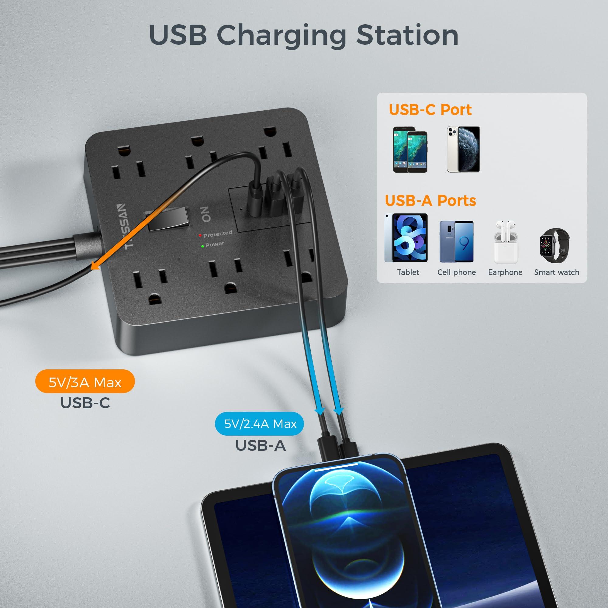 Black Surge Protector Power Strip, TESSAN Flat Plug Extension Cord 5 FT with 6 Outlets 3 USB Charger (1 USB C), 1700J Protection Multiple Outlets Charging Station for Home, Office, College Dorm Room - Image 3