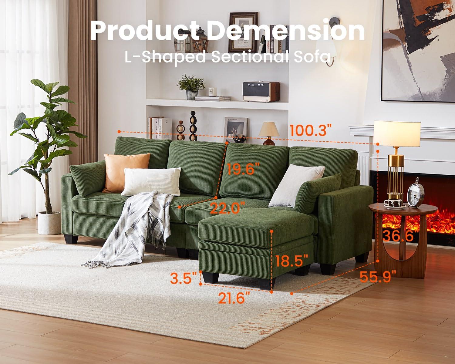 CHIC HOUSE Corduroy Modular Sectional Couch with Ottoman Chaise, L/U Shaped Sleeper Sofa for Living Room, Apartment, Lounge, Modern Armrest Neck Support Furniture (5 Seater Sectional, Green) - Image 3