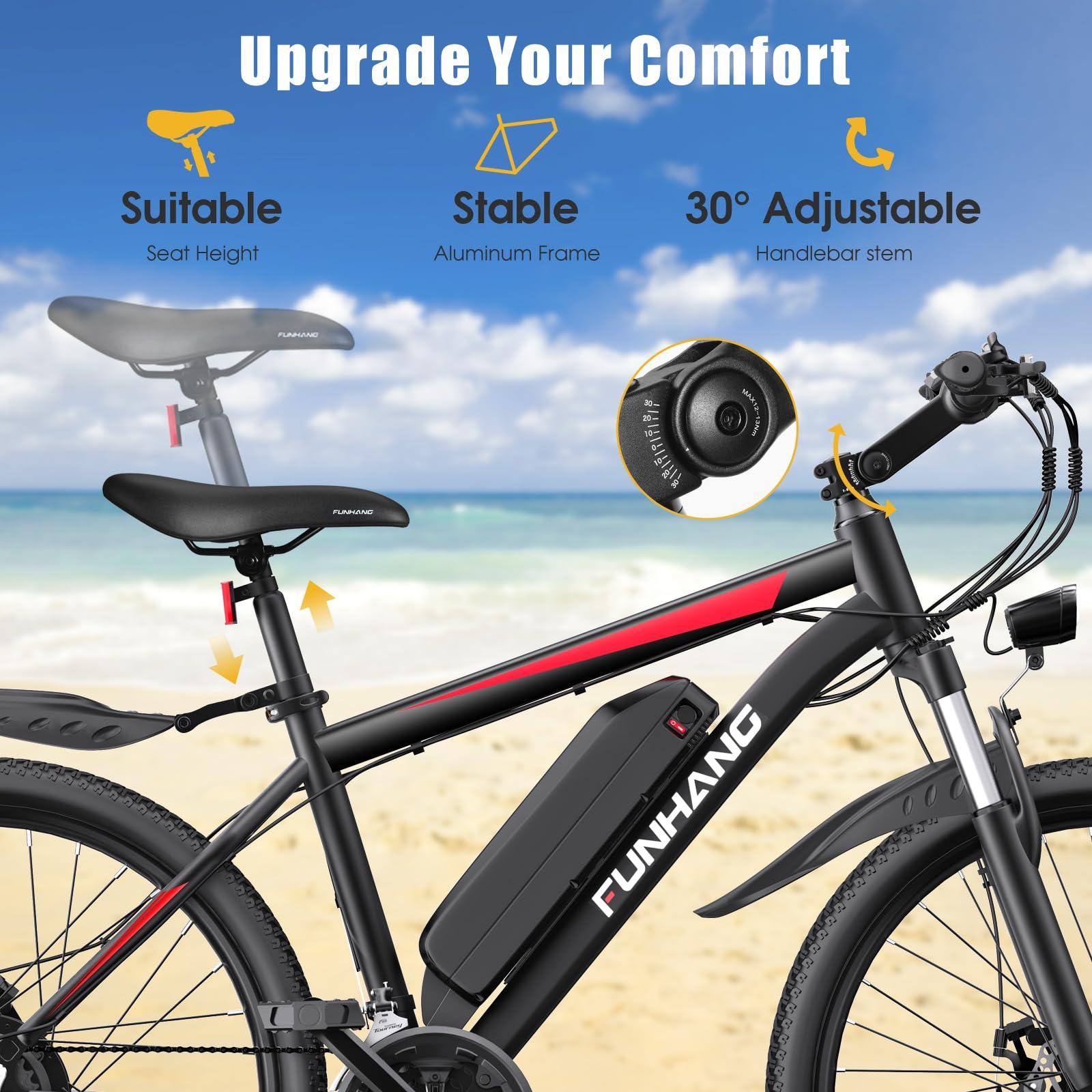 Funhang Electric Bike for Adults, Peak 1000W Ebike, 50Miles 21.7MPH Adult Electric Bicycles, 26" Electric Mountain Bike 48V 374.4WH Battery, Commuter E Bike with Adjustable Stem, Fenders, 21 Speed - Image 4