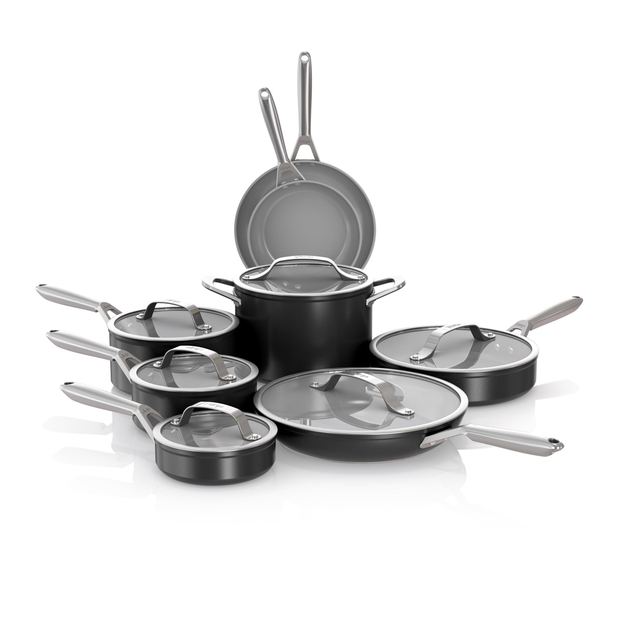 Ninja NeverStick Ceramic Pro 14-Piece Cookware Set, Non-Stick Pots & Pans Set with Glass Lids, Ceramic, Stainless Steel, Stove to Oven Safe, All Stovetops & Induction Compatible, Black, CW39014BK