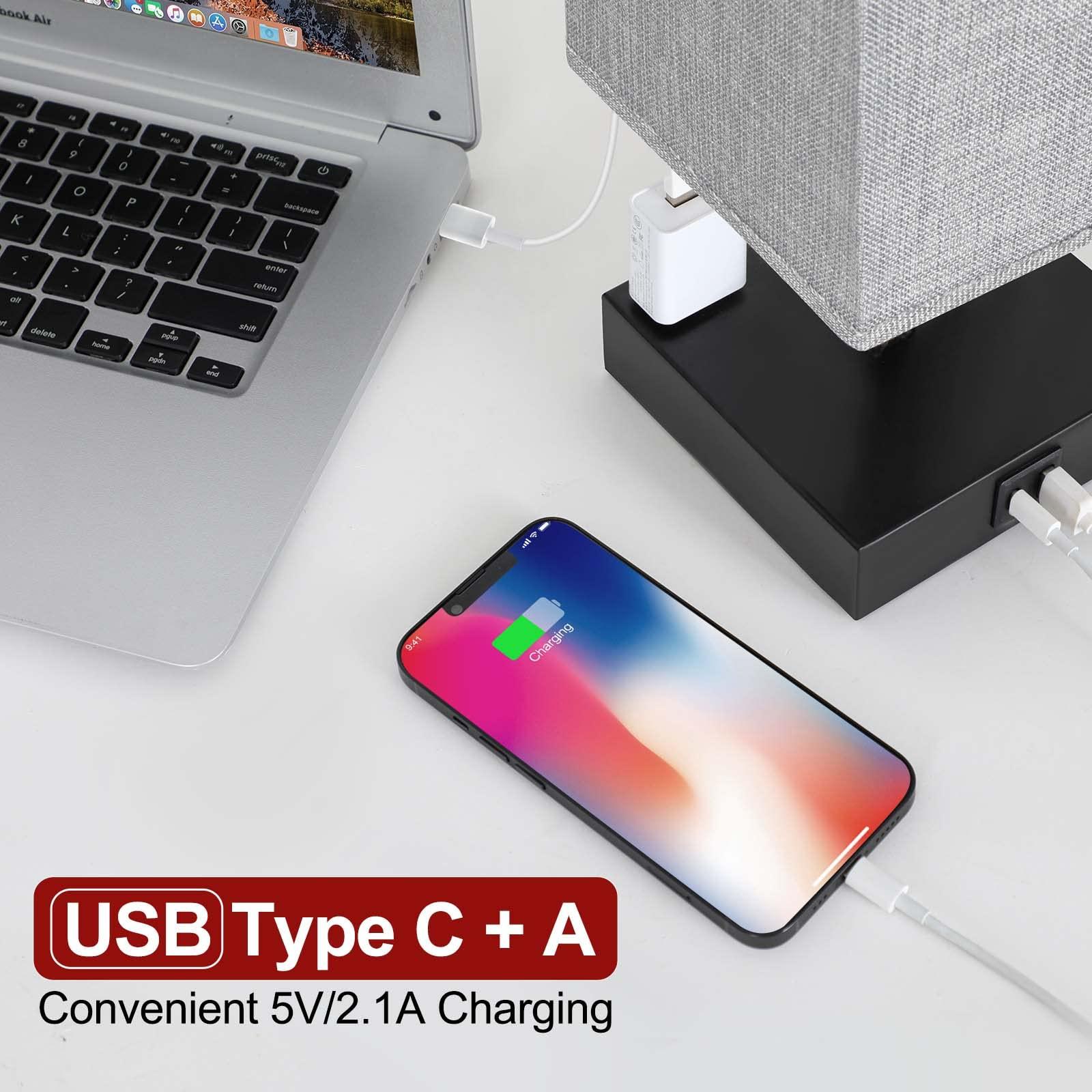 Bedside Table Lamp for Bedroom - Touch Small Lamp with USB C+A Charging Ports & AC Outlets, 3 Way Dimmable Nightstand Light for Living Room (LED Bulb Included, Grey) - Image 3
