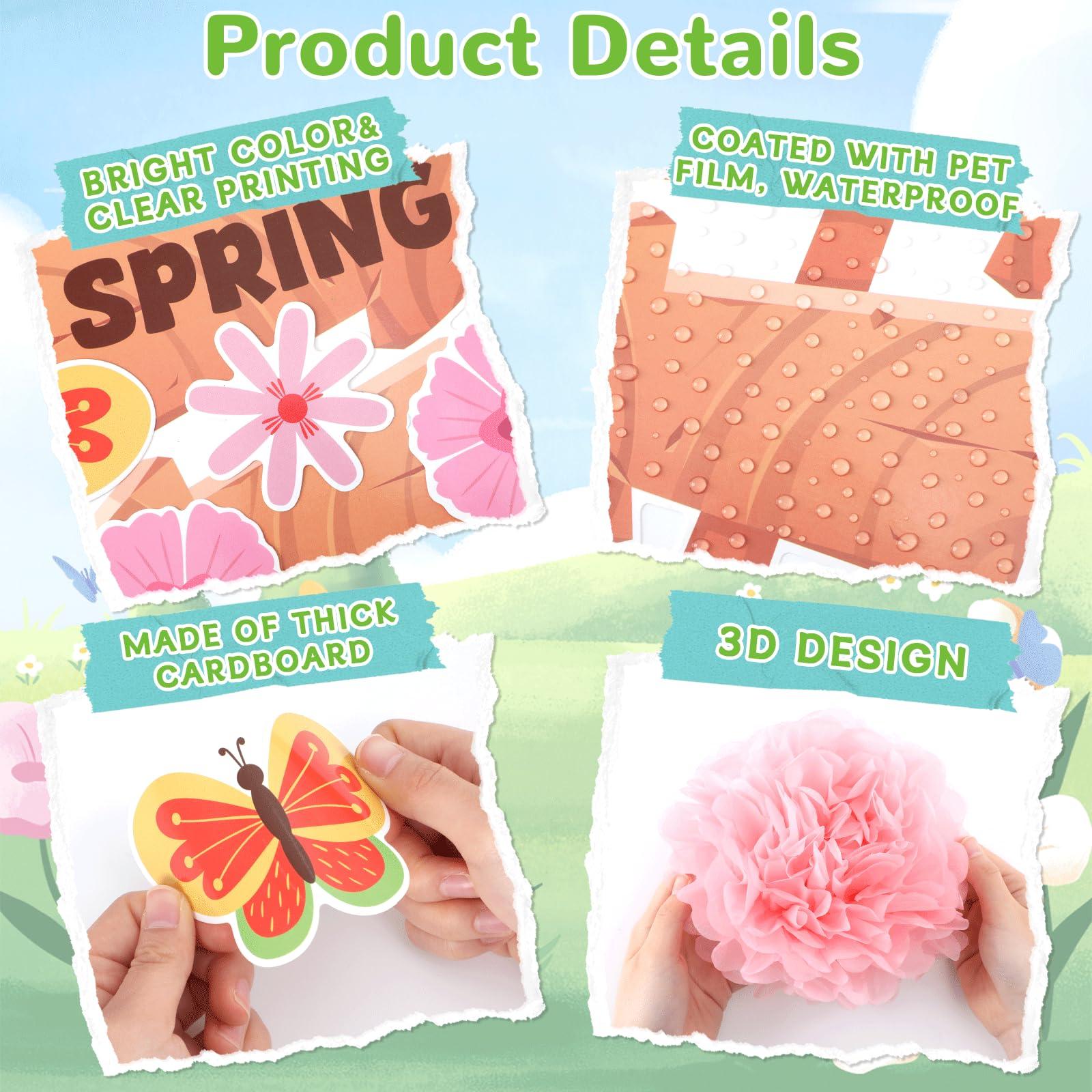 Naozinebi April Showers Bring May Flowers Bulletin Board with 3D Tissue Paper Pompoms Summer Floral Classroom Decoration Umbrella Clouds Flower Cutouts for Window Home Class School Nursery Supplies - Image 3