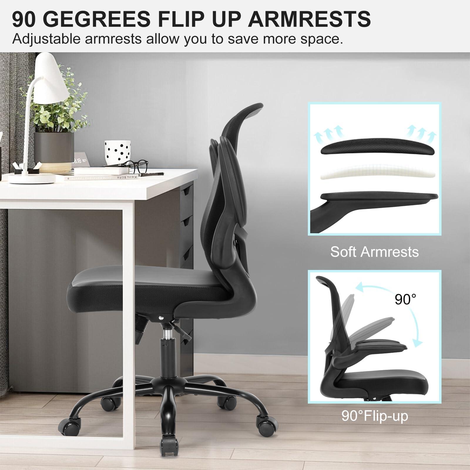 HOMIFYCO Office Chair, Ergonomic Desk Chair with Flip-up Armrests, PU Leather Computer Chair Home Office Desk Chairs with Lumbar Support, Mesh Swivel Executive Chair Rolling Task Chair, Black - Image 6