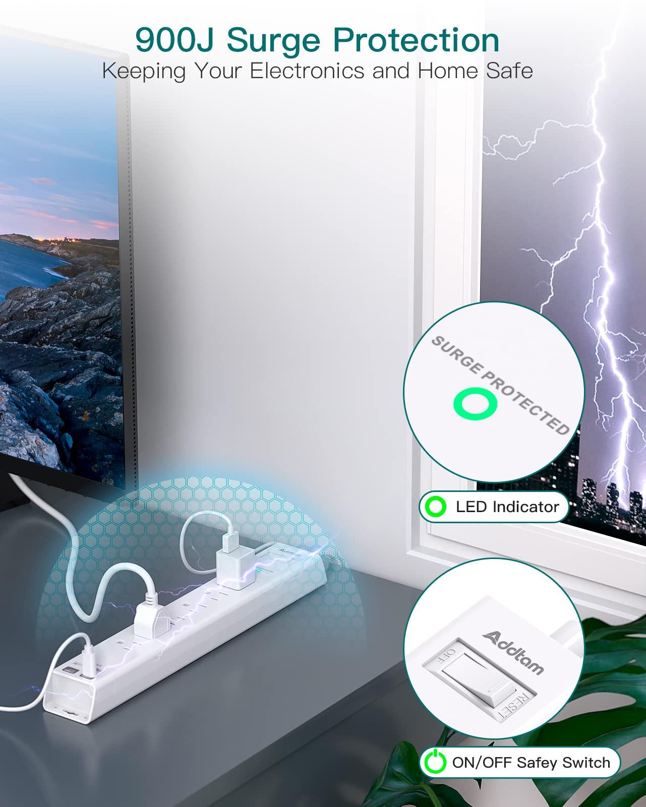 Extension Cord 10 ft - Long Power Strip Surge Protector, 6 AC Outlet 4 USB (2 USB C), Flat Plug, Wall Mount, Multi Plug Outlet Extender Desk Charging Station for Home Office Dorm Room Essentials - Image 6