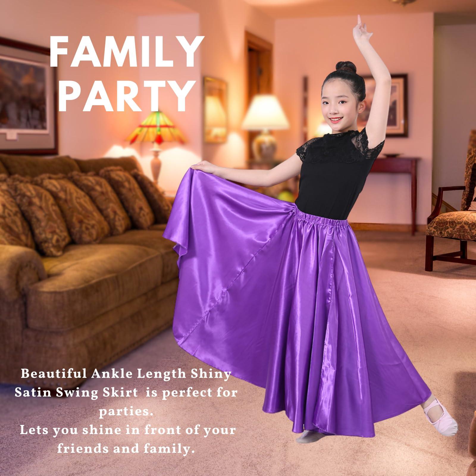 Girls Satin Full Circle Long Dance Skirt Ankle Length Shiny Satin Swing Skirt for Girls 8-12 Years Belly Dance Long Skirt - Image 5