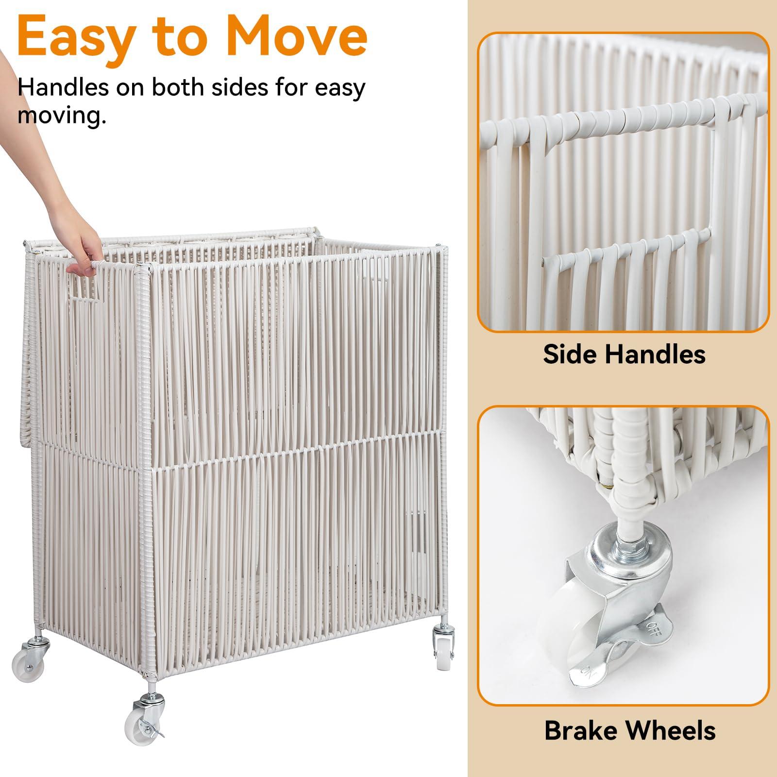 WOWLIVE Laundry Hamper with Wheels, Handwoven Rolling Laundry Basket with Lid, Clothes Hamper with Divided Removable Liner Bag, 115L Large Capacity Laundry Sorter Laundry Room Organization, White - Image 6