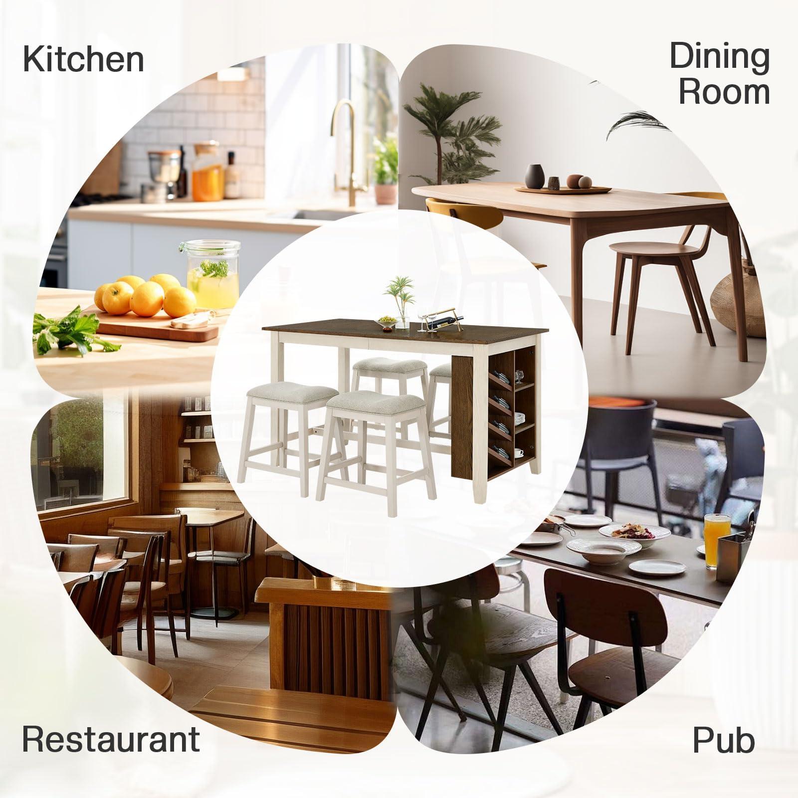 AMERLIFE 60" Solid Wood Counter Height Dining and Kitchen Table Set for 4 Upholstered Stools, 7-Layer Storage Farmhouse Dinner Table with Chairs Built-in Wine Rack & Cabinet, 5-Piece Rectangle - Image 5