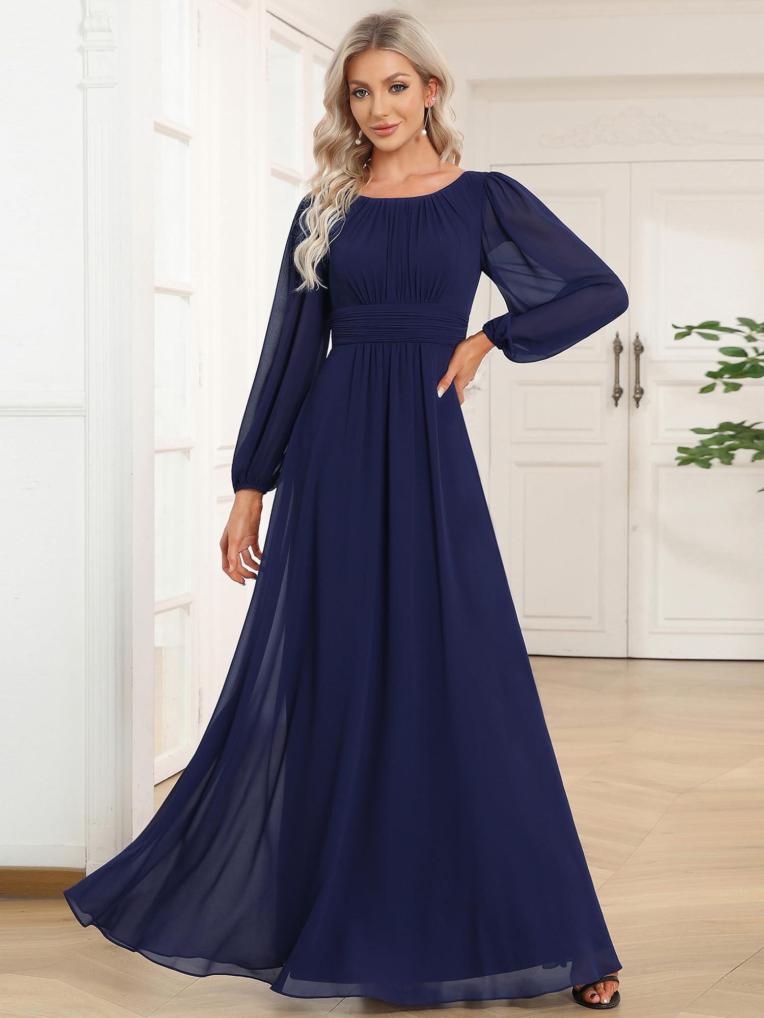 Ever-Pretty Women's Crewneck Long Lantern Sleeves Floor Length A-Line Pleated Chiffon Formal Dress 0106B - Image 3